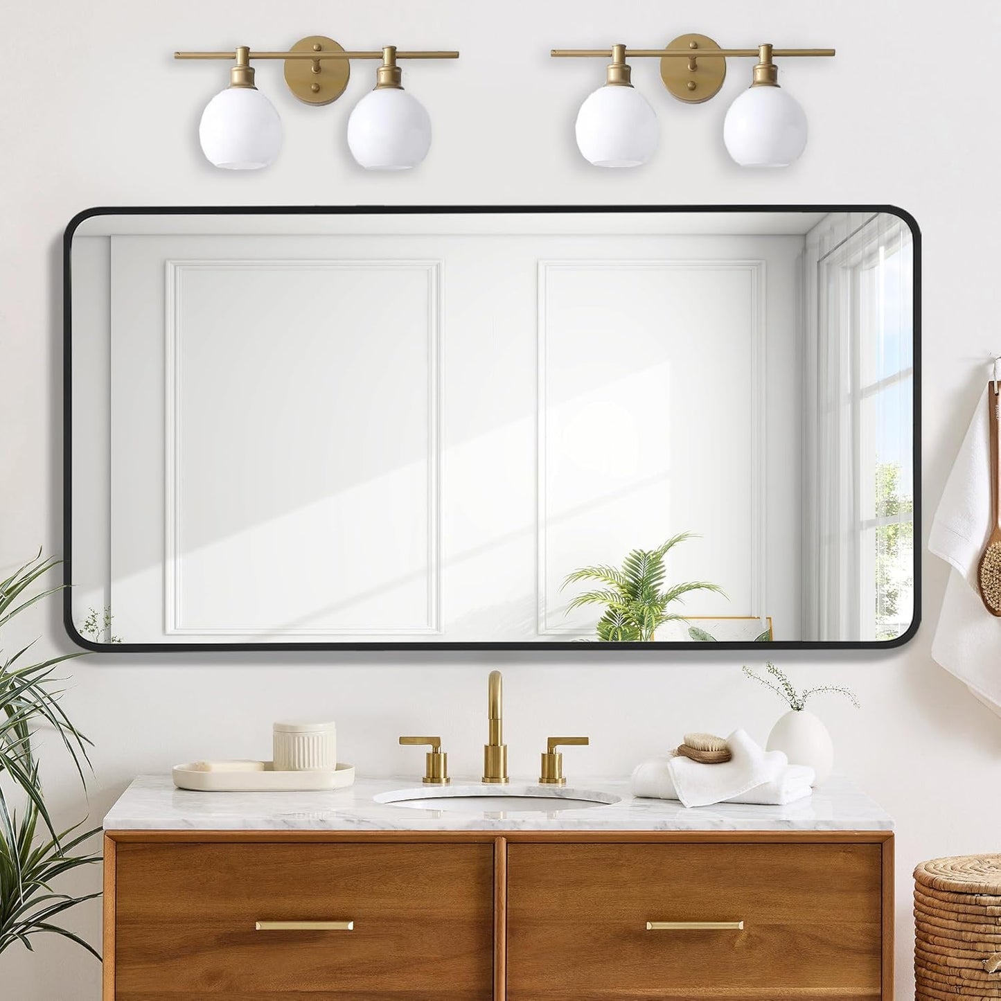 20x40 Inch Rectangle Bathroom Mirror with Black Metal Frame, Rounded Corner Rectangular Vanity Mirror for Wall, Modern Large for Bedroom, Living Room, Horizontal or Vertical