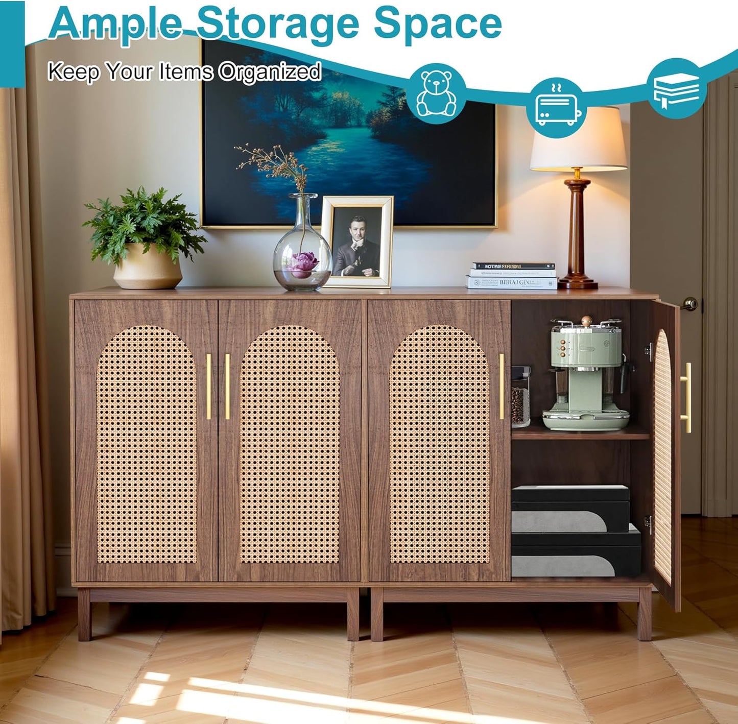 59" Sideboard Buffet Cabinet with Storage, Rattan Kitchen Buffet Storage Cabinet Set of 2, Modern Sideboard with Doors & Shelves for Living Room, Kitchen, Hallway, Dark Brown