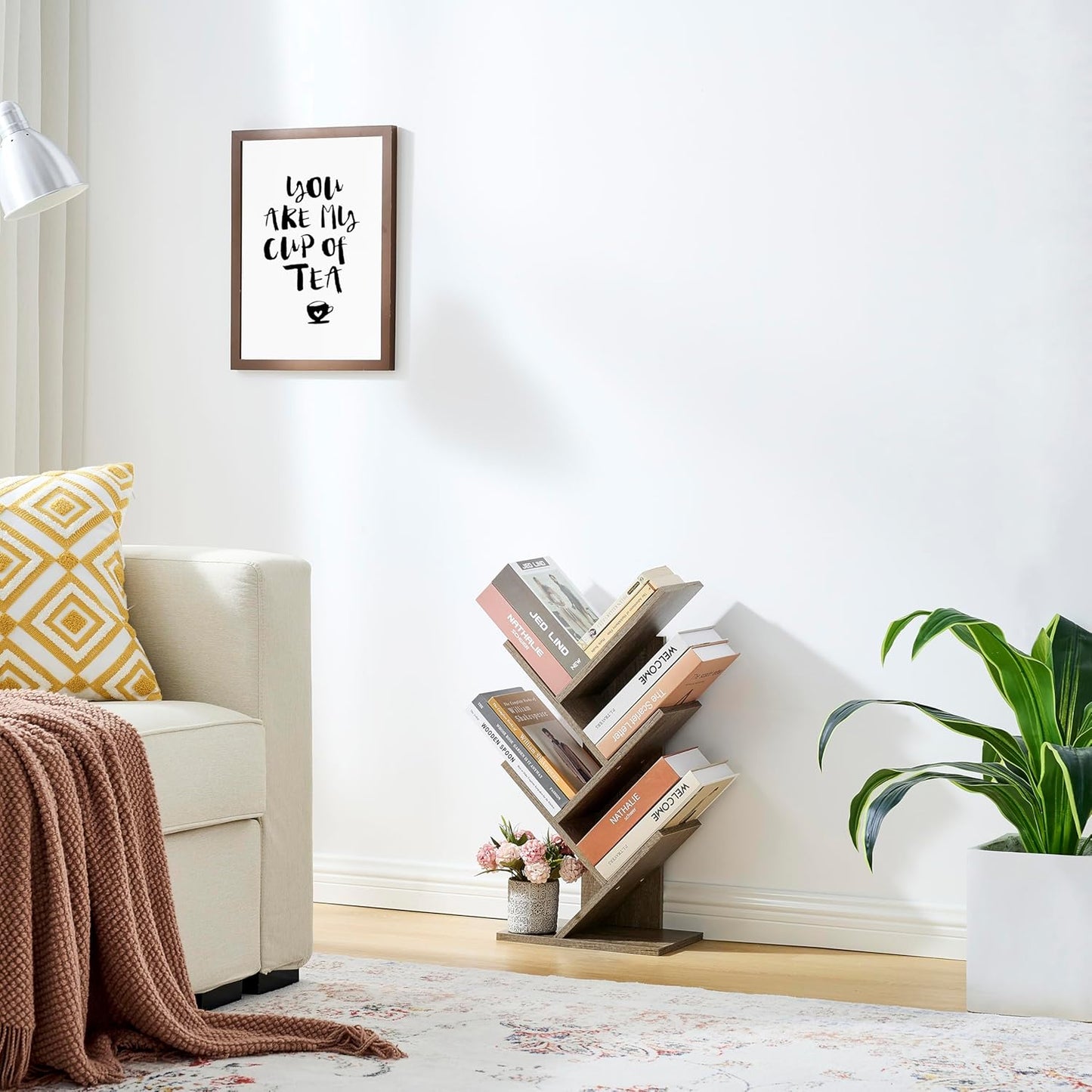 Hoctieon 4 Tier Tree Bookshelf, 4 Shelf Bookcase, Modern Book Storage, Free Standing Tree Bookcase, Utility Organizer Shelves for Home Office, Living Room, Bedroom, Greige