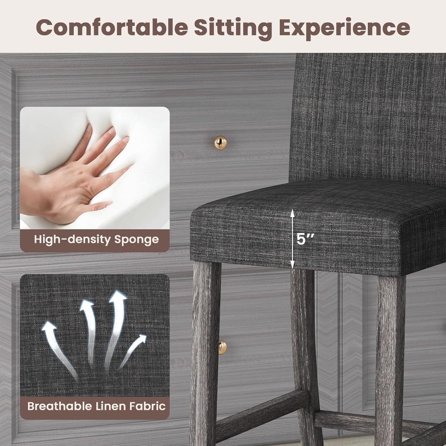 COSTWAY Upholstered Counter Height Stools Set of 4, Bar Stools w/Ergonomic Backrest, Solid Wood Frame, 24.5” Fabric Counter Height Chairs for Kitchen Island, Dining Room, Pub (Grey)