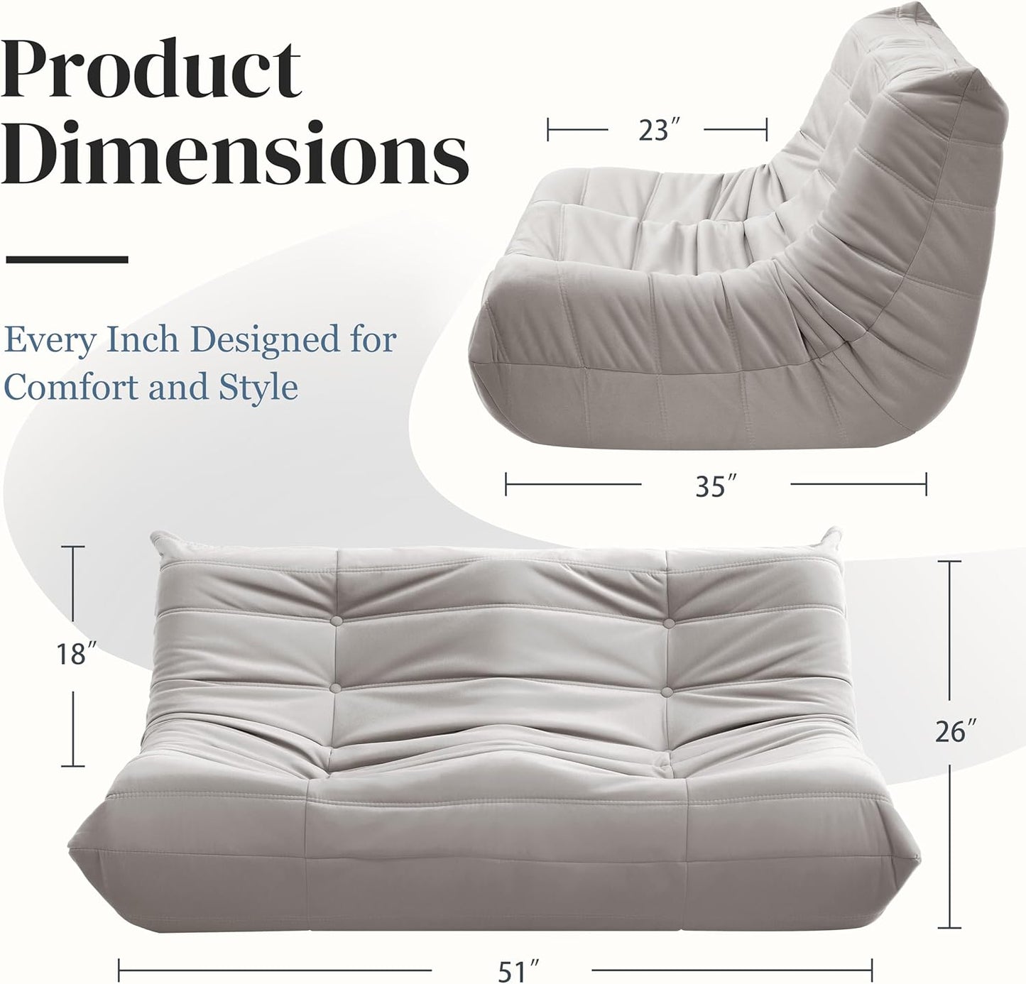 Bean Bag Chair, Loveseat Fireside Chair Bean Bag Sofa for Adults, 2 Seater Bean Bag Chairs for Teens with High-Resilience Foam, Memory Foam Bean Bag for Living Room, Bedroom, Office (Suede,Light Gray)