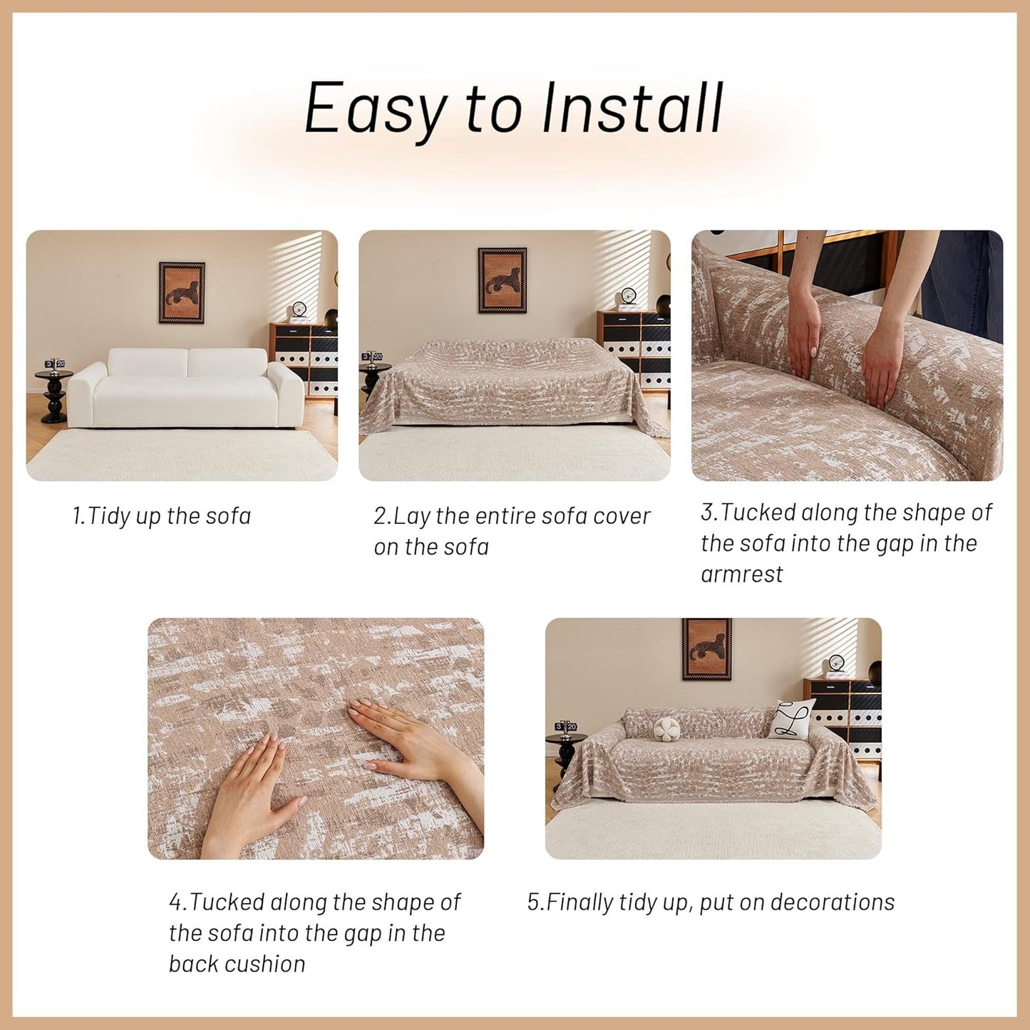 MYSKY HOME Couch Covers for 3 Cushion Couch Sofa, Chenille L Shape Sectional Couch Cover - Pet-Friendly, Machine Washable, Non-Slip Sofa Protector for Dogs, Kids, 71"x118", Khaki Blur Mottling