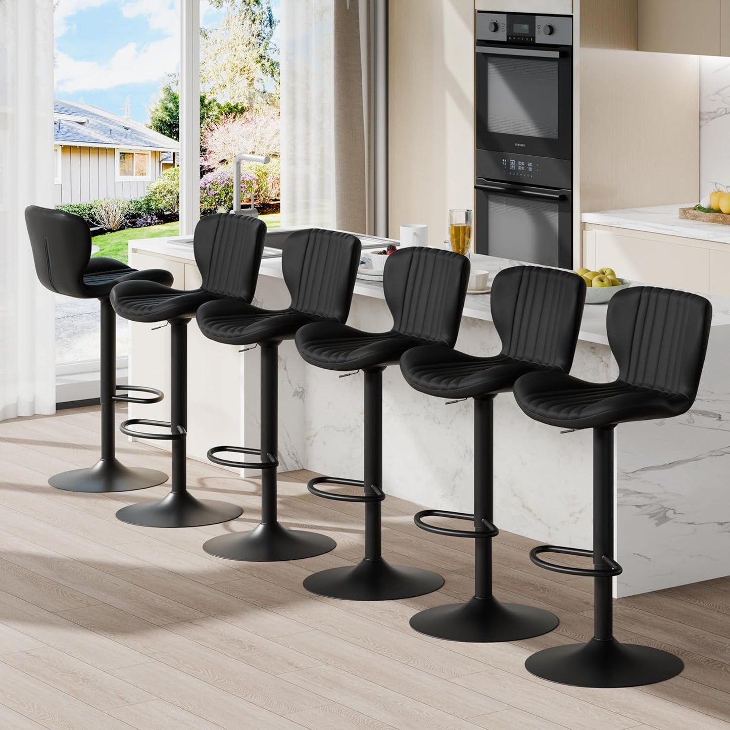Shintenchi Bar Stools Set of 6 Modern Swivel Bar Chairs, Counter Height Faux Leather Metal Barstools, Upholstered Island Chairs with Back and Footrest, Black