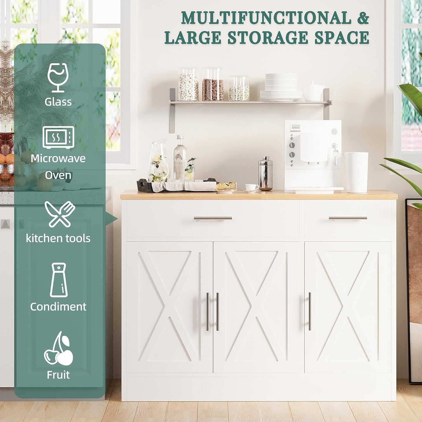 Shintenchi Modern Farmhouse Sideboard Buffet Cabinet with Storage with 3 Doors,42" Barn Doors Buffet Cabinet with Storage, Wood Coffee Bar Cabinet with Adjustable Shelf for Kitchen Living Room,White