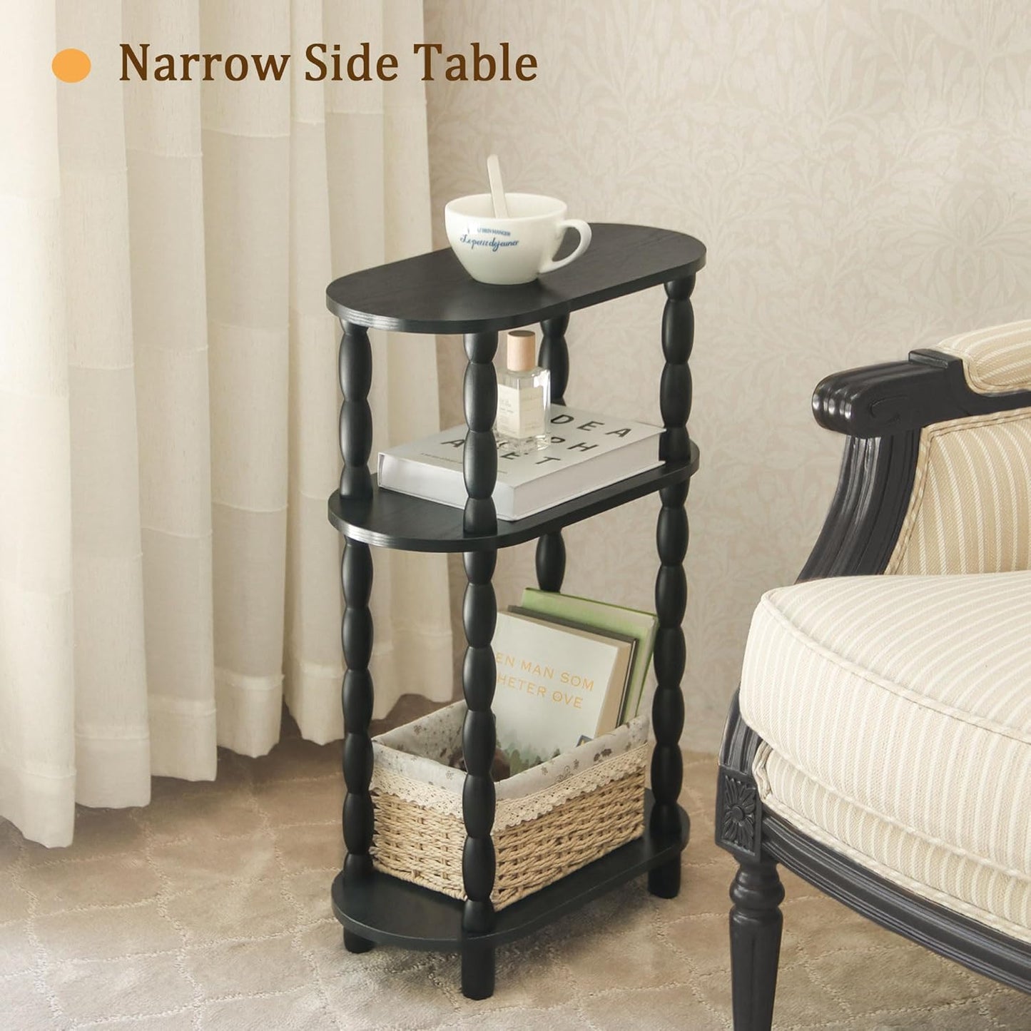 MaxSmeo Small Narrow Side Table, 3-Tier Narrow End Table with Storage, Skinny Side Table Nightstand for Small Space, Bedrooms, Living Room (Black)