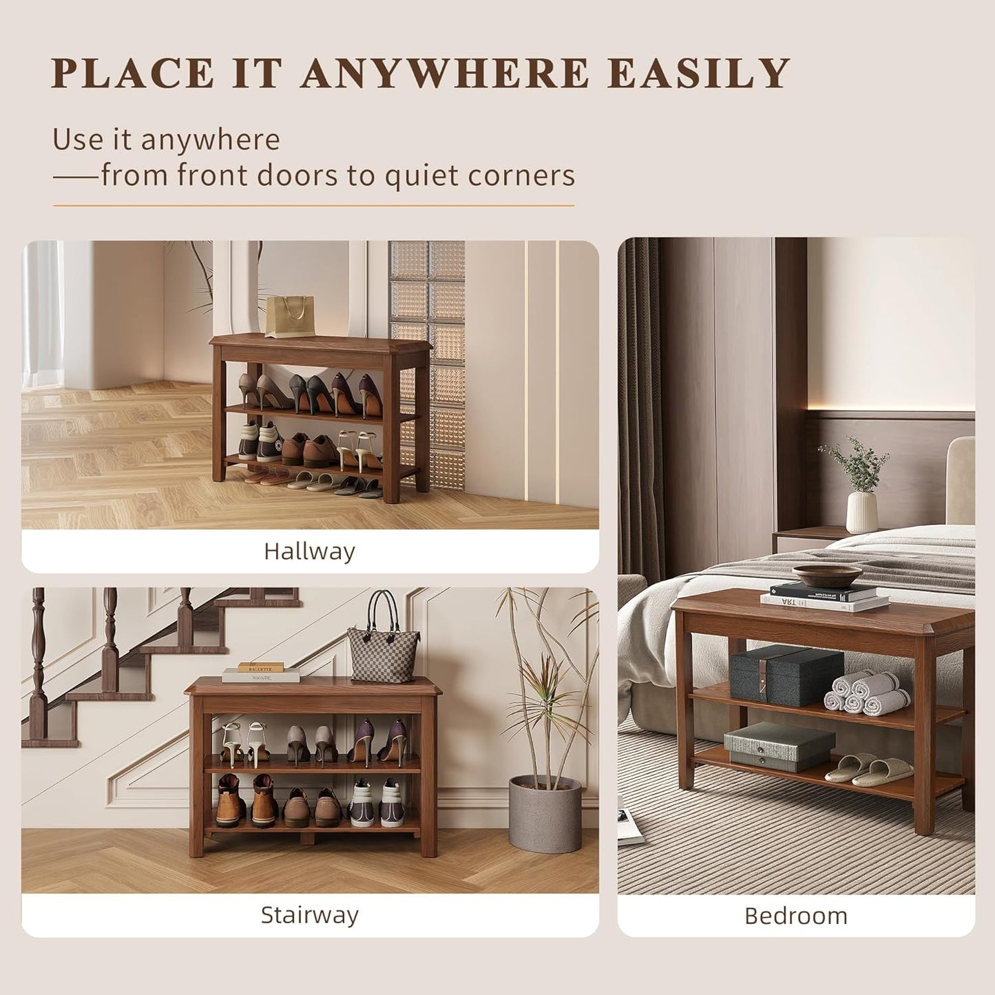 Shoe Rack for Front Door Entrance, Solid Wood Shoe Bench for Closet, Holds Up to 550lbs, Shoe Rack Bench for Entryway, Mudroom, Hallway