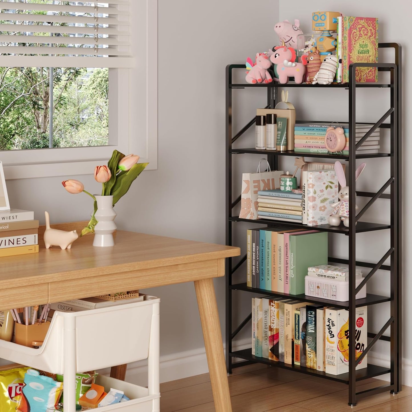 JSB No Assembly Folding Bookshelf, 5 Tier Industrial Metal Book Shelf for Storage, Vintage Wood Foldable Bookcase for Living Room, Bedroom, Office Organization Shelves