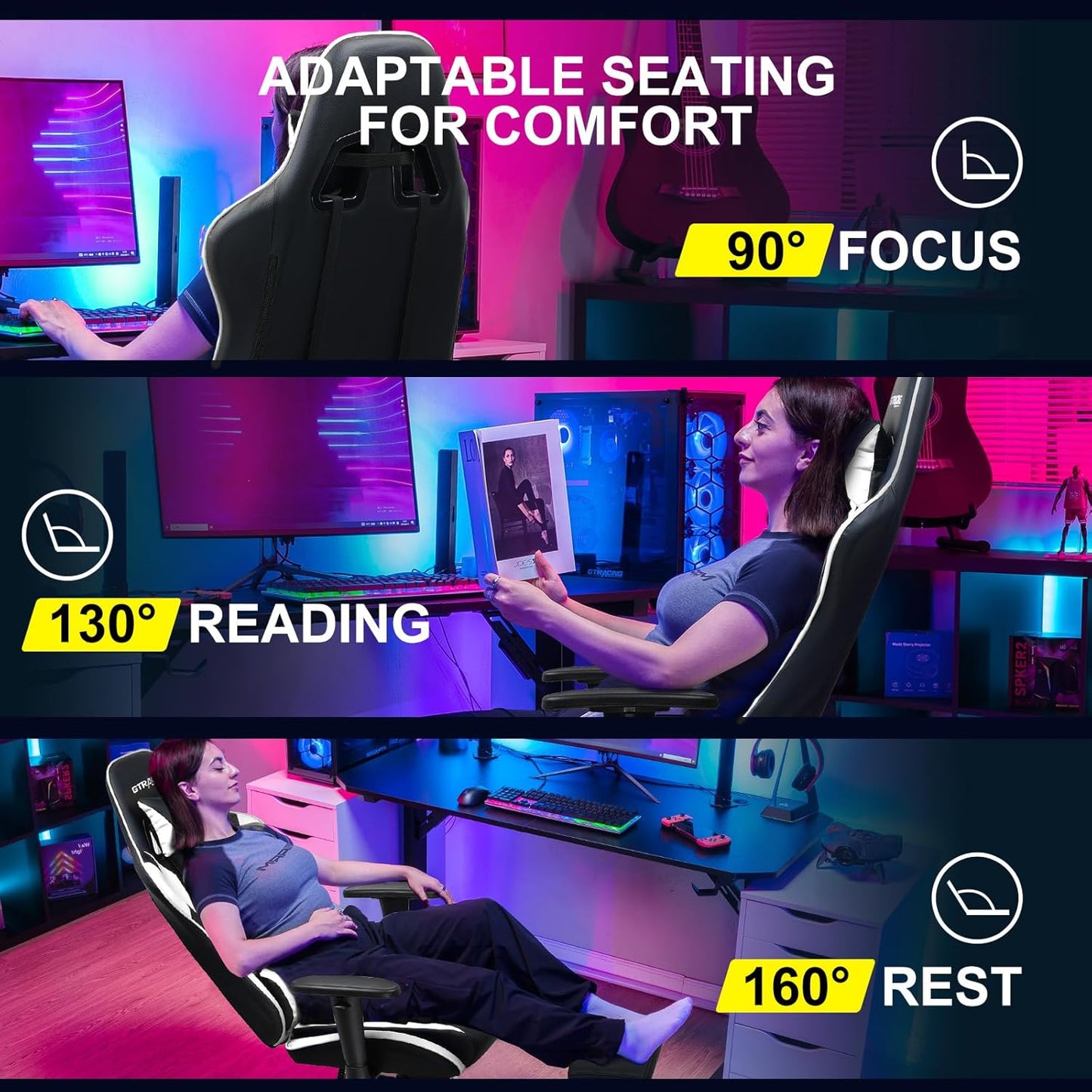GTRACING Gaming Chair with Footrest, Ergonomic Computer Game Desk Chair, Reclining Gamer Chair Seat Height Adjustment, Swivel Rocker with Headrest and Lumbar (White)