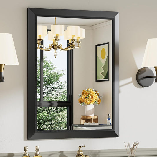 24x30 Inch Black Bathroom Mirror for Wall, Thick Metal Framed Rectangle Mirrors for Over Sink, Bedroom, Living Room, Entryway, Anti-Rust, HD Tempered Glass