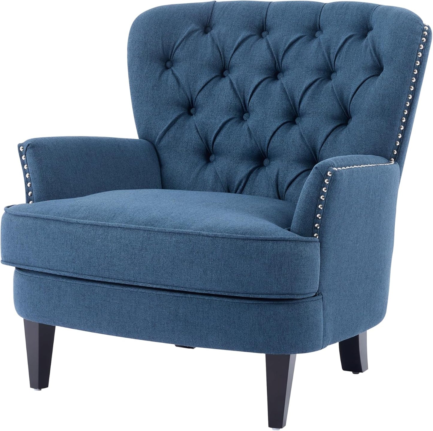 Ball & Cast Accent Chair,Mid-Century Lounge Living Room Chairs with Button Tufting,Upholstered Reading Accent Chair W/Solid Wood Legs and Curved Backrest,for Bedroom,Apartment,Navy Blue