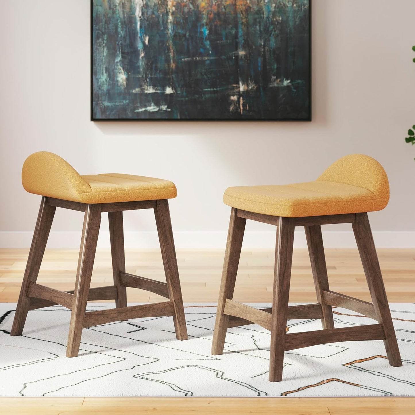 Signature Design by Ashley Lyncott Contemporary 28.5" Counter Height Upholstered Bar Stool with Foam Cushion, 2 Count, Mustard & Brown