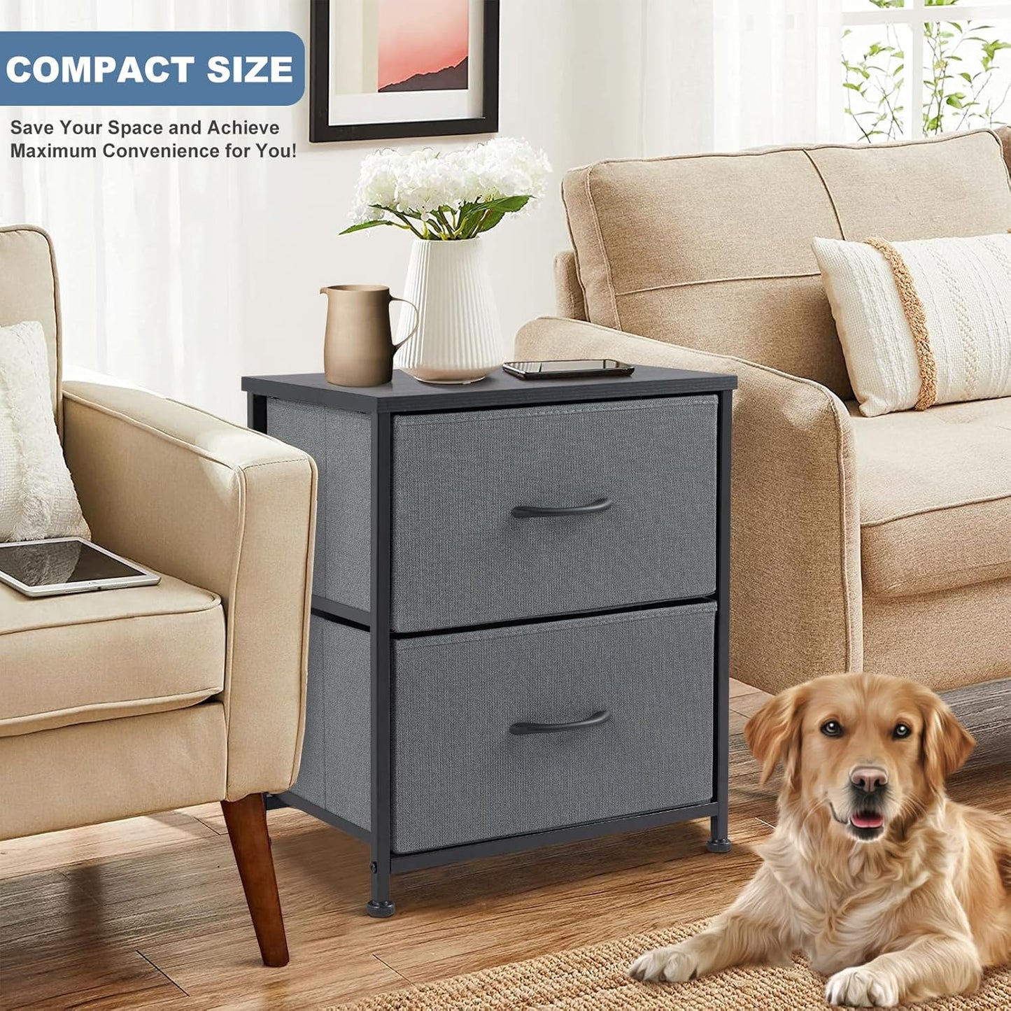 DUMOS Nightstand Small Dresser with 2 Fabric Drawers Side Bedroom End Table Kids Bedside Storage Furniture for 20 inch Tall Night Stand for Closet, Entryway, College Dorm, Grey