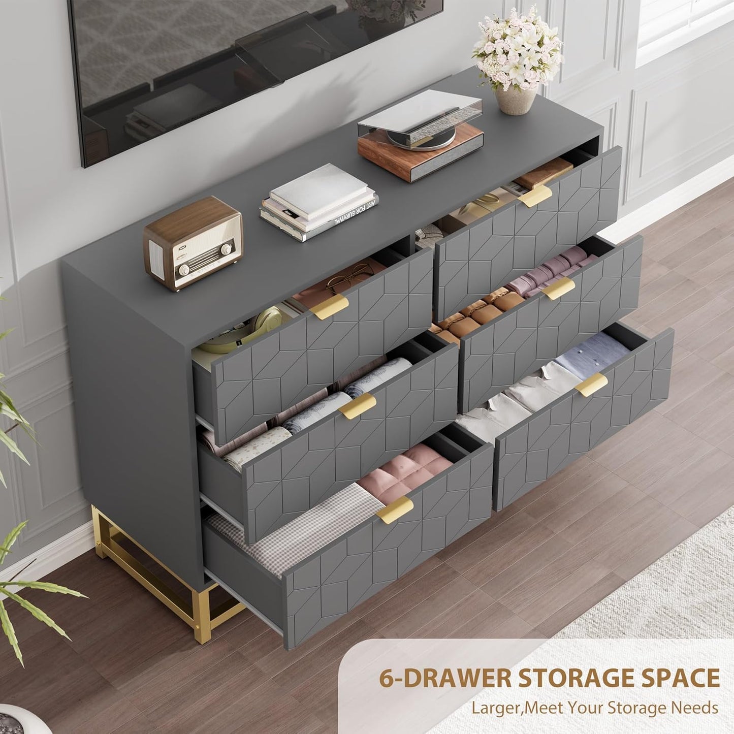 GAOMON Grey Dresser for Bedroom,Modern 6 Drawer Double Dresser with Gold Handles,Long Storage Organizer for TV Stand & Closet,Large Chest of Drawers for Living Room,Hallway,Entryway