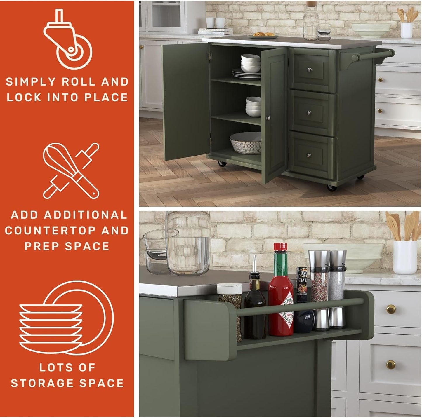 homestyles Mobile Kitchen Island Cart with Stainless Steel Top, Sage Green