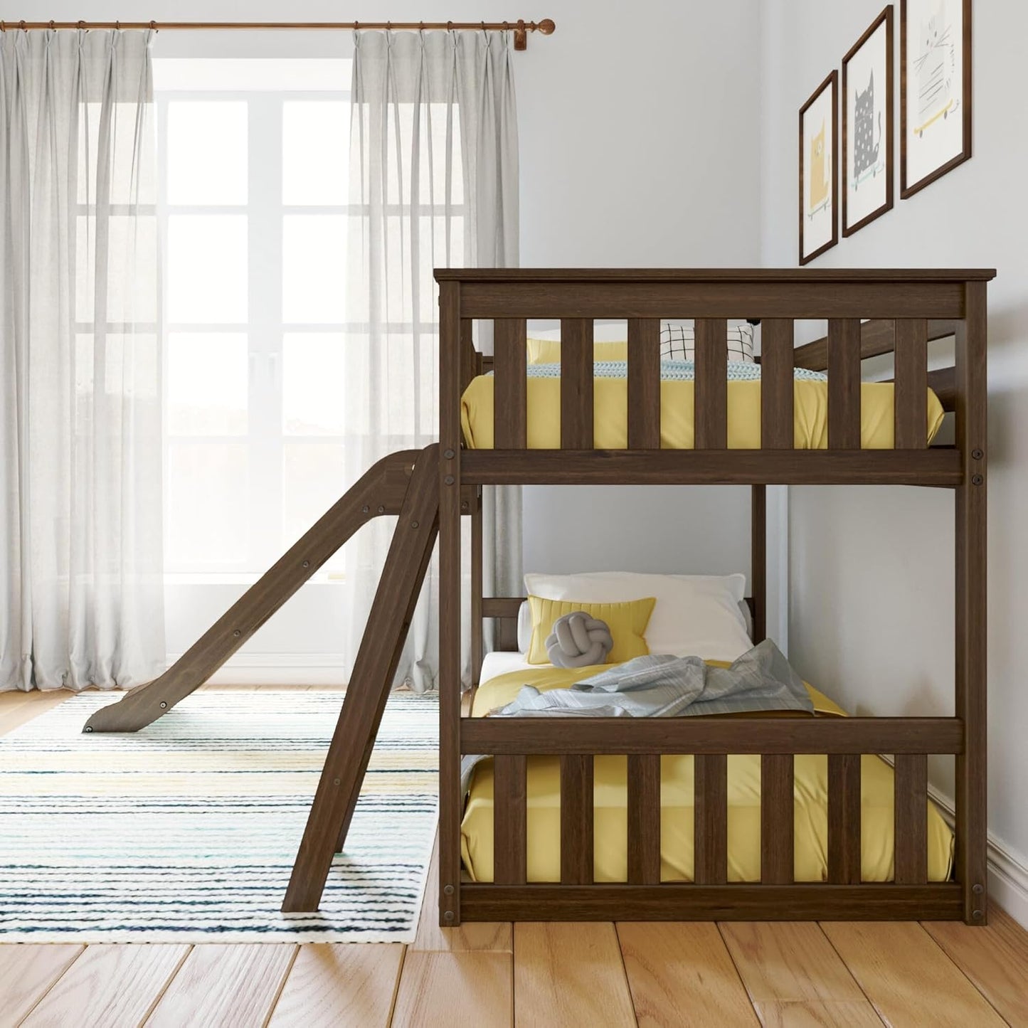 Max & Lily Twin Over Twin Low Bunk with Slide and Ladder, Wooden Bunk beds with 14” Safety Guardrail for Kids, Toddlers, Boys, Girls, Teens, Bedroom Furniture, Walnut