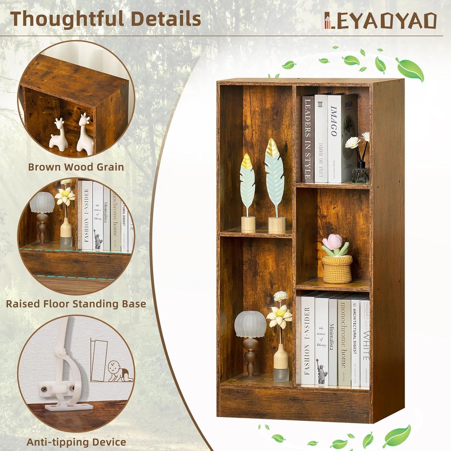 LEYAOYAO 5 Cube Mid-Century Modern Brown Wood Bookcase, 3 Tier Storage Organizer Shelf, Rustic Display Cabinet for Bedroom, Living Room, Office