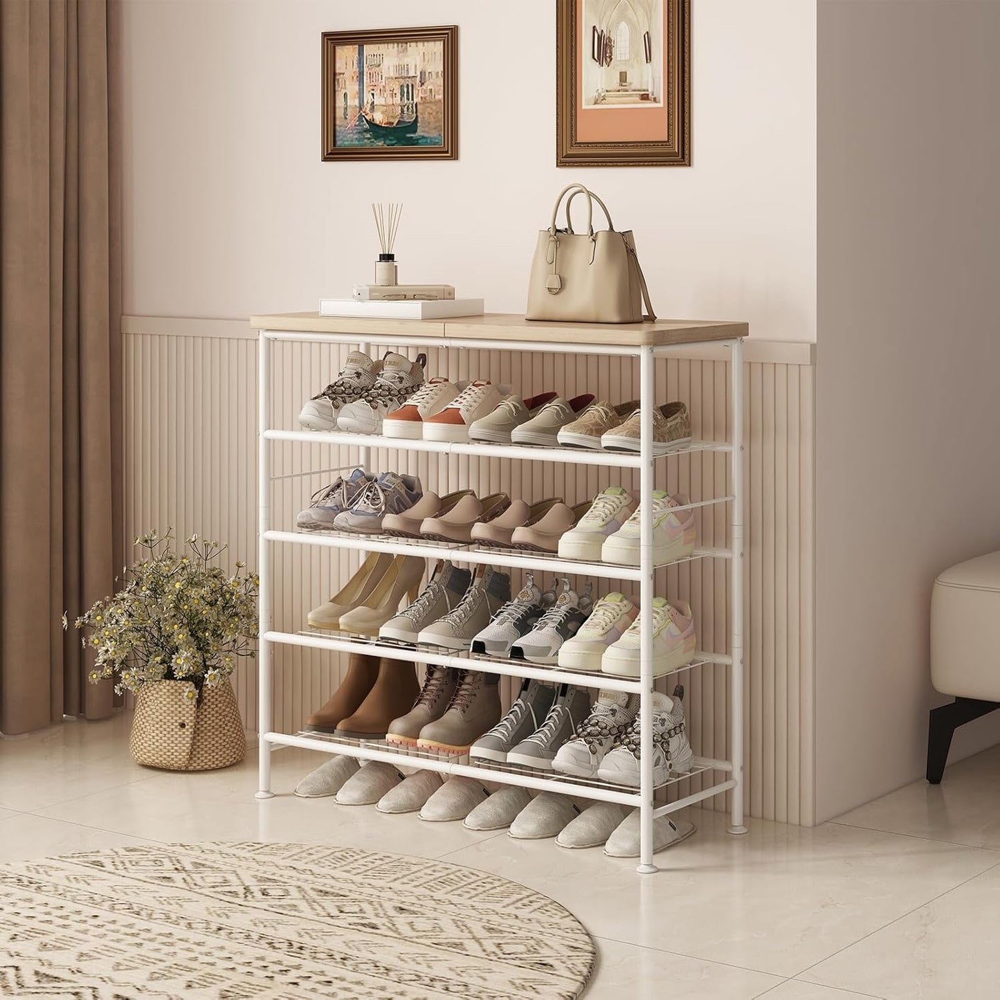 Shoe Rack Organizer 5 Tier for Closet Entryway Free Standing Metal Storage Shoe Shelf with MDF Top Board，White+Oak