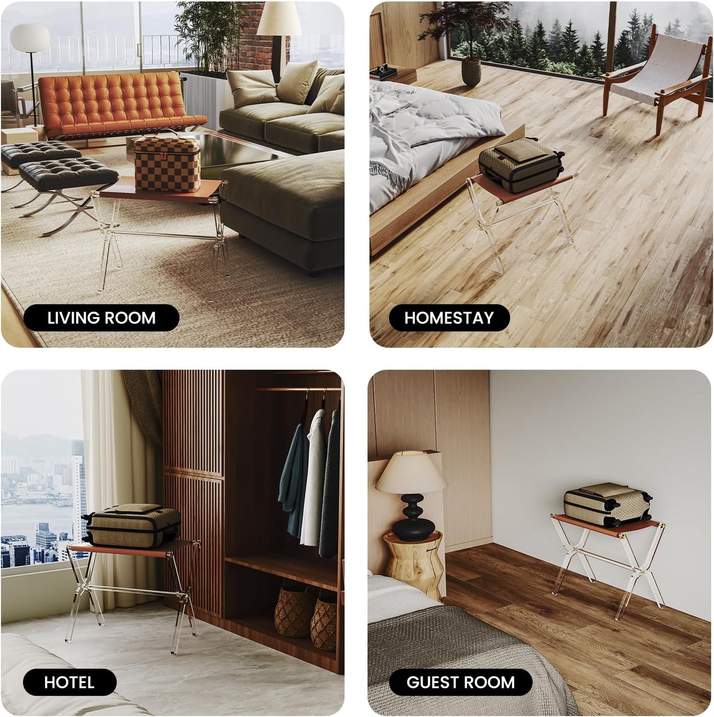 Sumerflos Acrylic Luggage Rack for Guest Room - Foldable Suitcase Stand with Leather Straps for Bedroom Living Room Hotel Heavy-Duty, Holds up to 50-100 lb lightweight Space Saving (Brown(whole) - 1 Pcs)