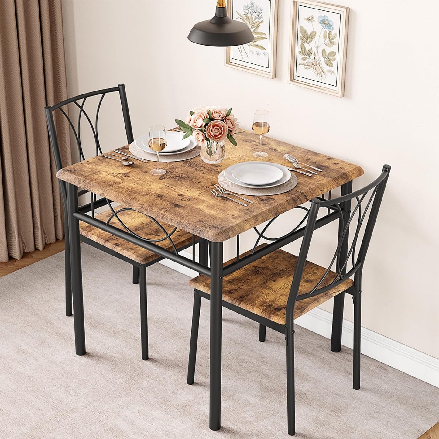 GarveeHome Small Dining Table Set for 2, Square Table and Chairs Set of 2, 3 Piece Kitchen Table Set of 2 with Upholstered Chairs, Dinner Table Set for 2 for Small Spaces, Apartment, Rustic Brown
