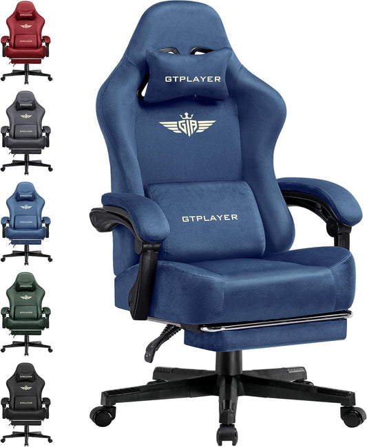 GTPLAYER Gaming Chair Fabric with Pocket Spring Cushion, Big and Tall Gamings Chairs 350LBS High Back Computer Chair with Footrest for Adults Lumbar Support Swivel Game Chair for Office Gaming Blue