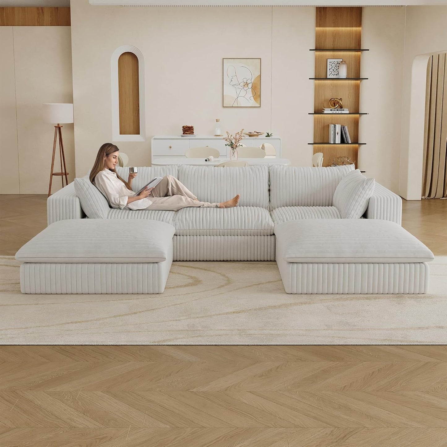 Down Filled Boneless Sectional Sofa Cloud Couch with Movable Ottomans, 118 inch Convertible U Shaped Lounge Couch w/Deep Seat, Fluffy Corduroy Upholstered Compress Modular Sofa