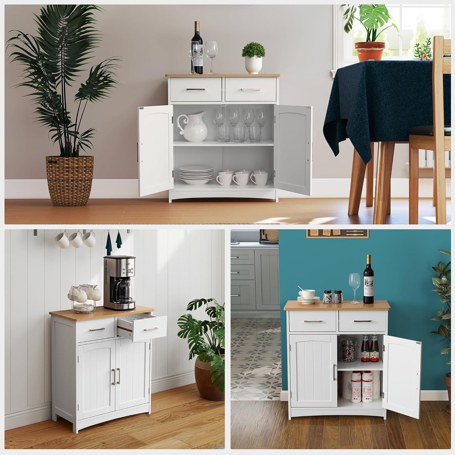 Buffet Cabinet with Storage, Coffee Bar Cabinet 26 x 30 Inches, Oak Top Sideboard Cabinet, Matte White Finish, Anti-Fall Drawers, Arched Doors, Adjustable Shelves