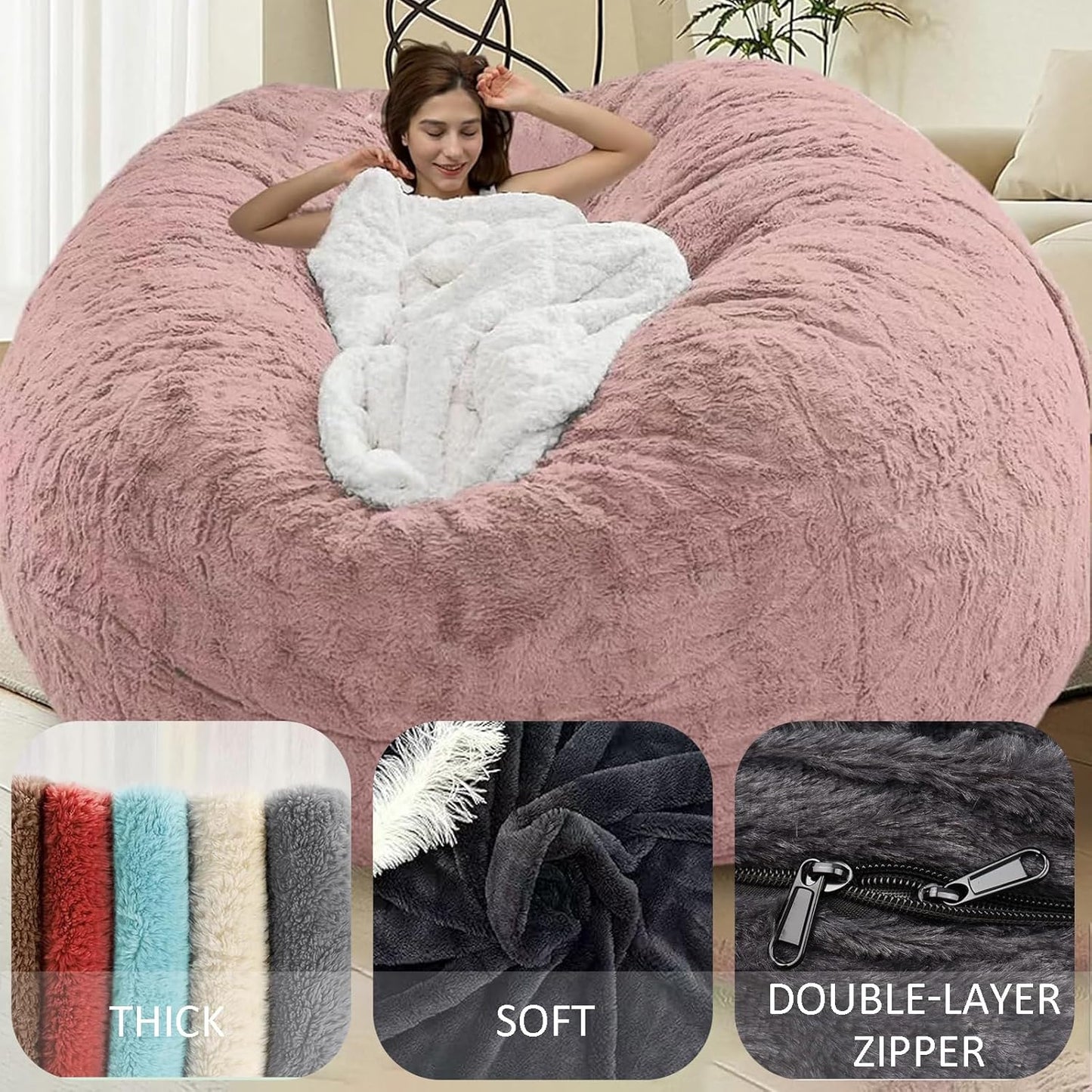 BCU Bean Bag Cover Comfy Beanbag Chair for Adults Without Filler Faux Fur Lazy Sofa Cover for Living Room Chairs, Black, 3.5FT