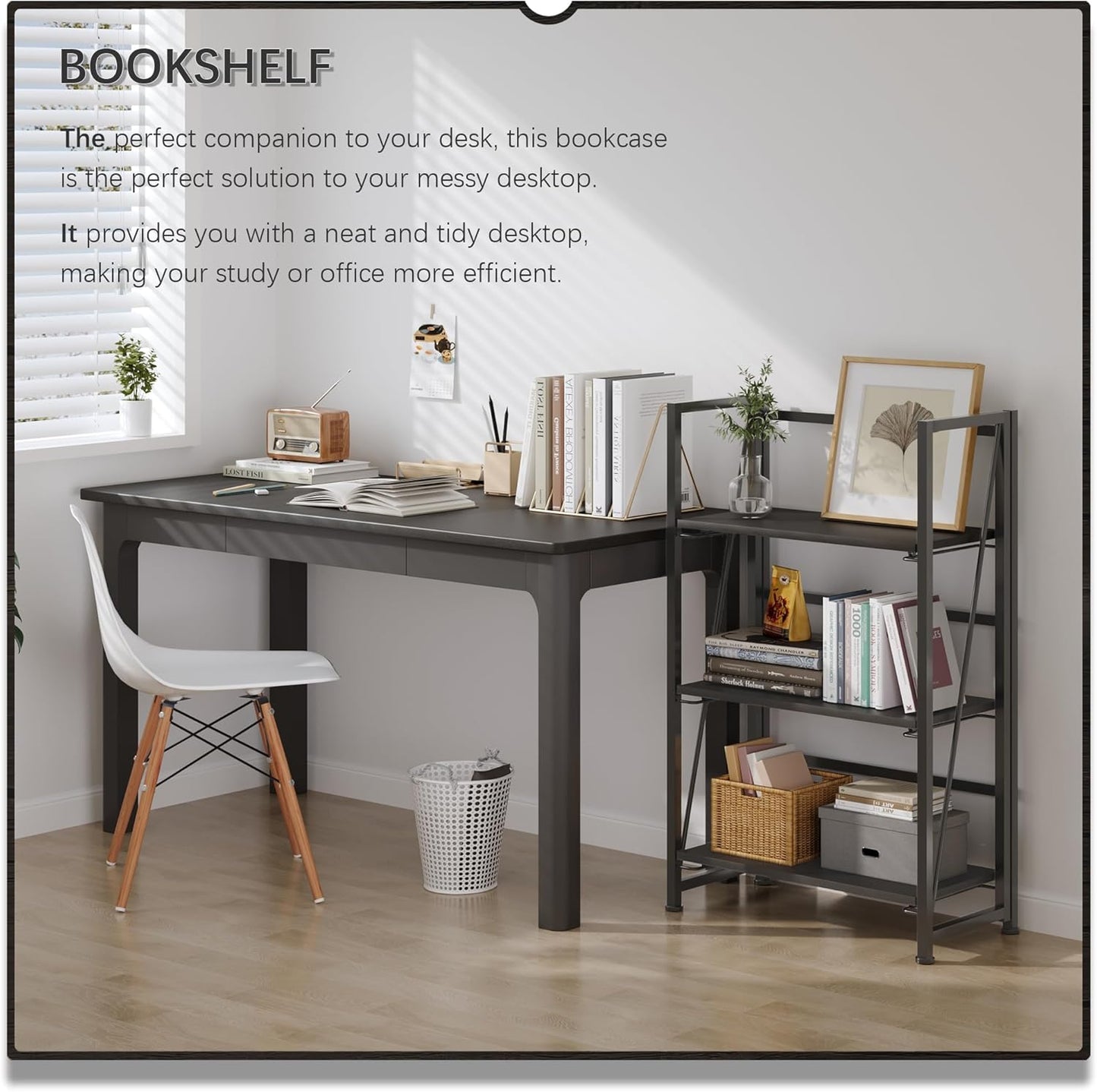 4NM No-Assembly Folding Bookshelf Storage Shelves 3 Tiers Vintage Bookcase Standing Racks Study Organizer Home Office (All Black)