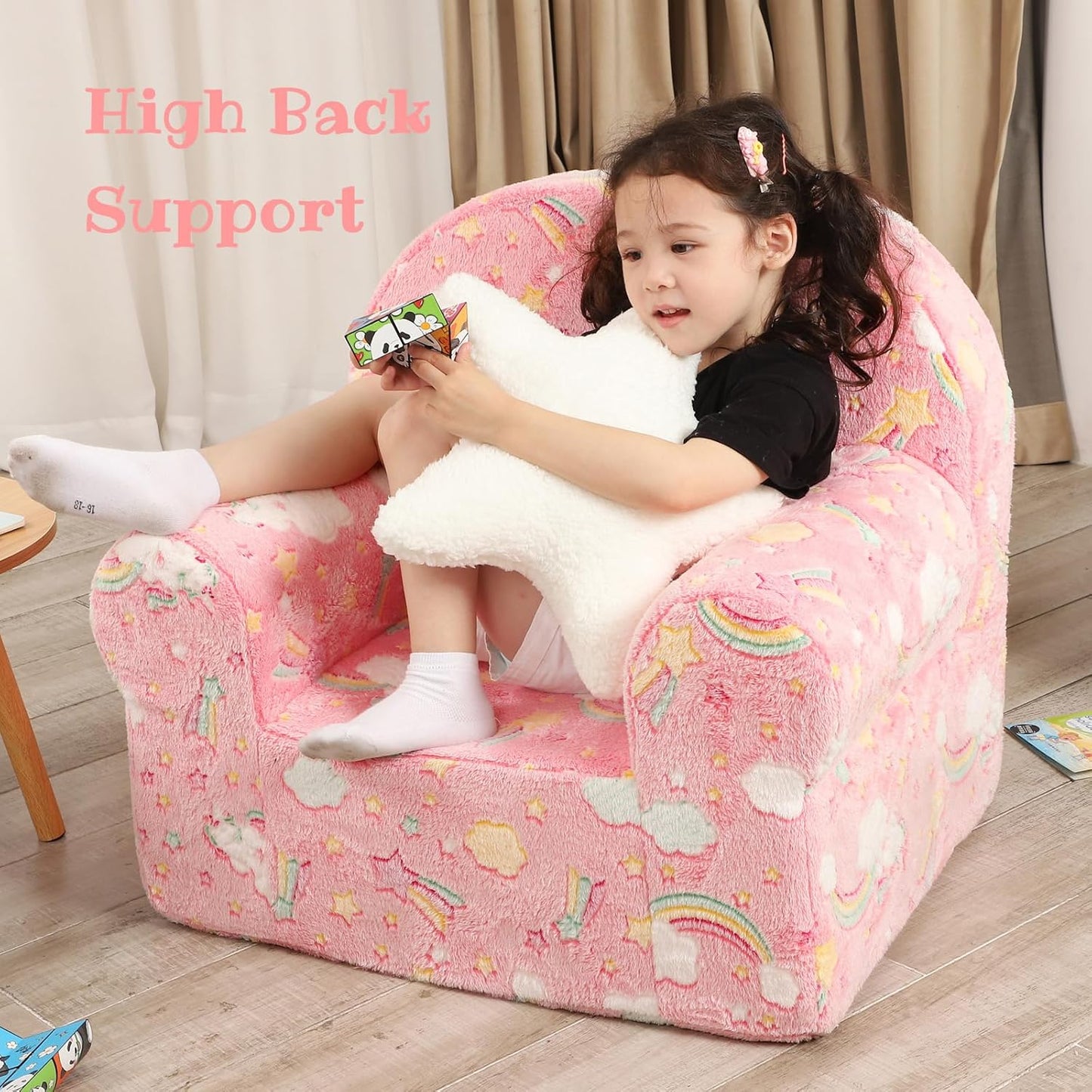 Rainbow Unicorn Kids Sofa with Star Throw Pillow, High Back Toddler Chair Glow in The Dark for Boys and Girls, Pink