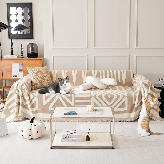 STACYPIK Khaki Beige Sofa Cover for Dogs Cats Boho Couch Cover for 3 Cushion Couch Soft Plaid Triangle Couch Cover Reversible Furniture Protector Loveseat Cover Non Slip Sectional Couch Cover-91X118IN