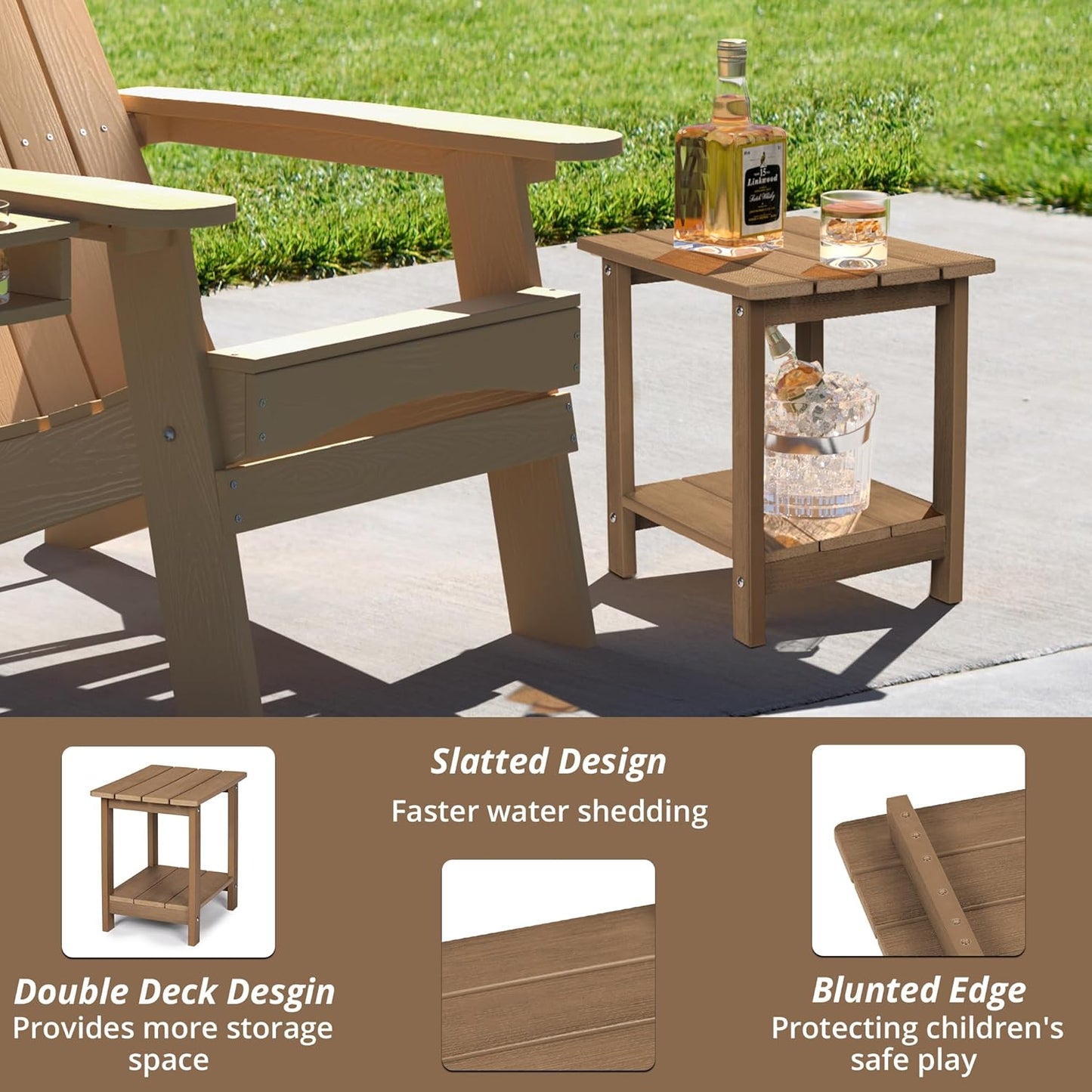 LUE BONA Adirondack Outdoor Side Table, 2-Tier Brown-Oil HDPS Patio End Table Weather Resistant, Morden Side Table for Patio, Pool, Porch