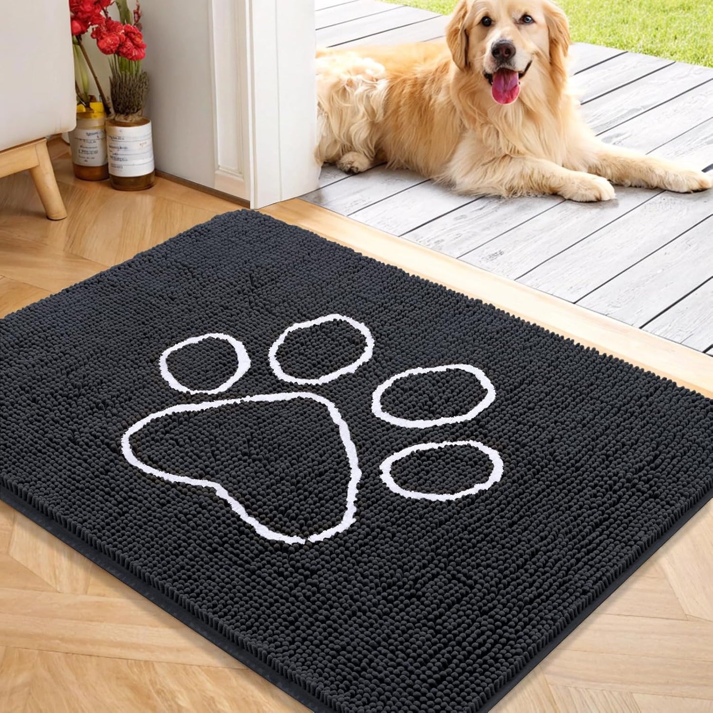 OLANLY Door Mat for Muddy Dog Paws 40x32, Ultra Absorbent Chenille Mud Doormat with Paw Print Design, Non-Slip Washable Doormat for Indoor Entryway, Quick-Dry Pet Bed Mats for Dirty Dogs, Dark Grey