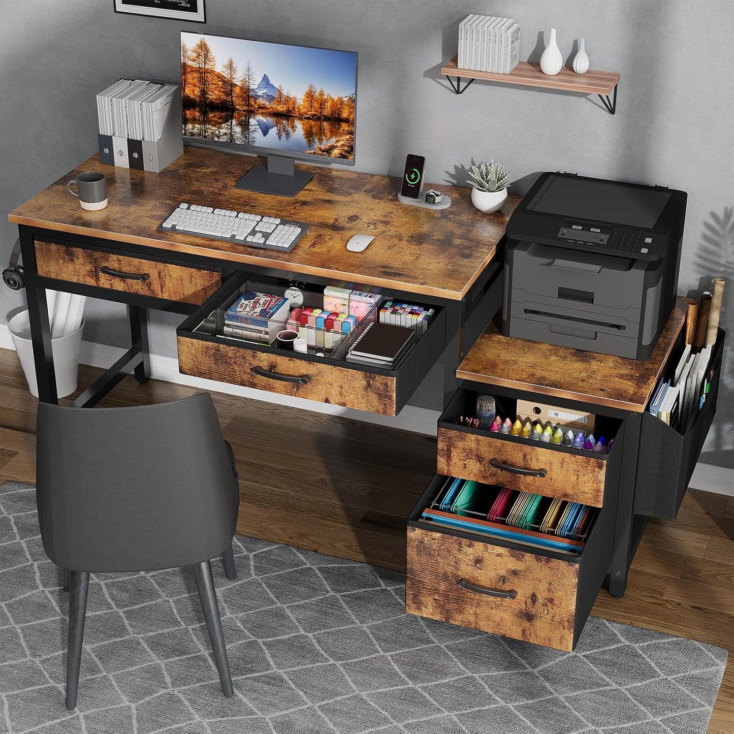 Lufeiya Computer Desk with Fabric File Drawers Cabinet, 57 Inch Home Office Desks with Filing Cabinet Printer Stand for Small Space, Study Writing Table PC Desks for Bedroom, Brown
