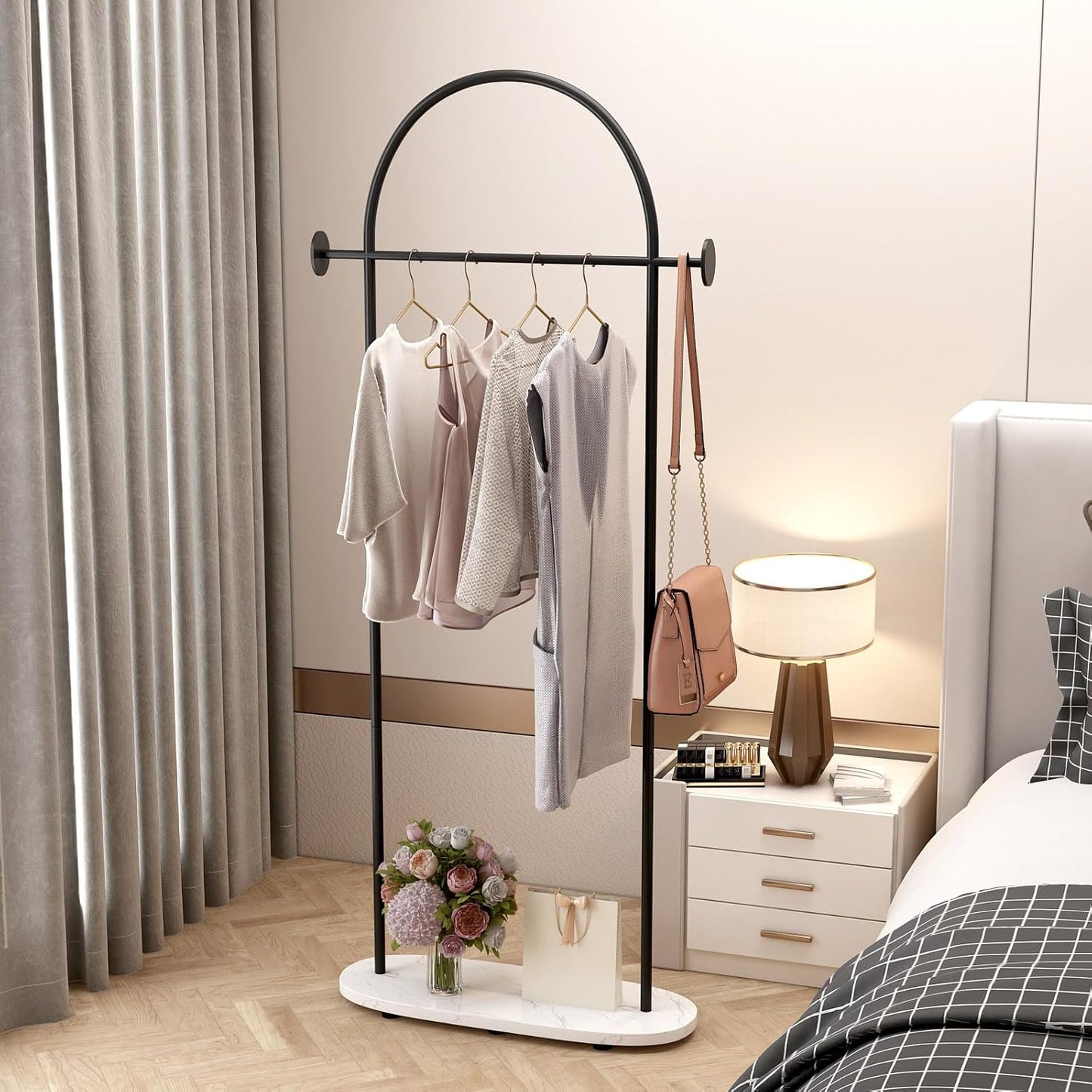 Black Clothing Rack, Modern Clothes Rack with Shelf, Heavy Duty Freestanding Coat Rack, Metal Coat Hanger Stand with Hooks for Boutique Office