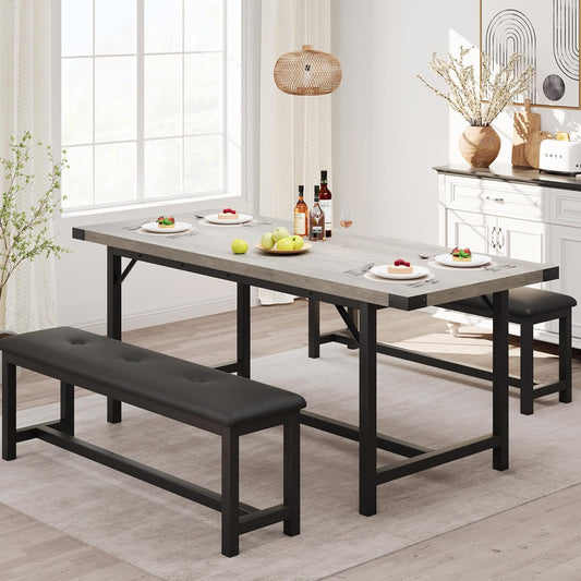 3-Piece Dining Table Set for 4-6 People, Extendable Kitchen Table Set with 2 Upholstered Benches, Dining Room Table Set for Apartment, Kitchen, Living Room, Gray