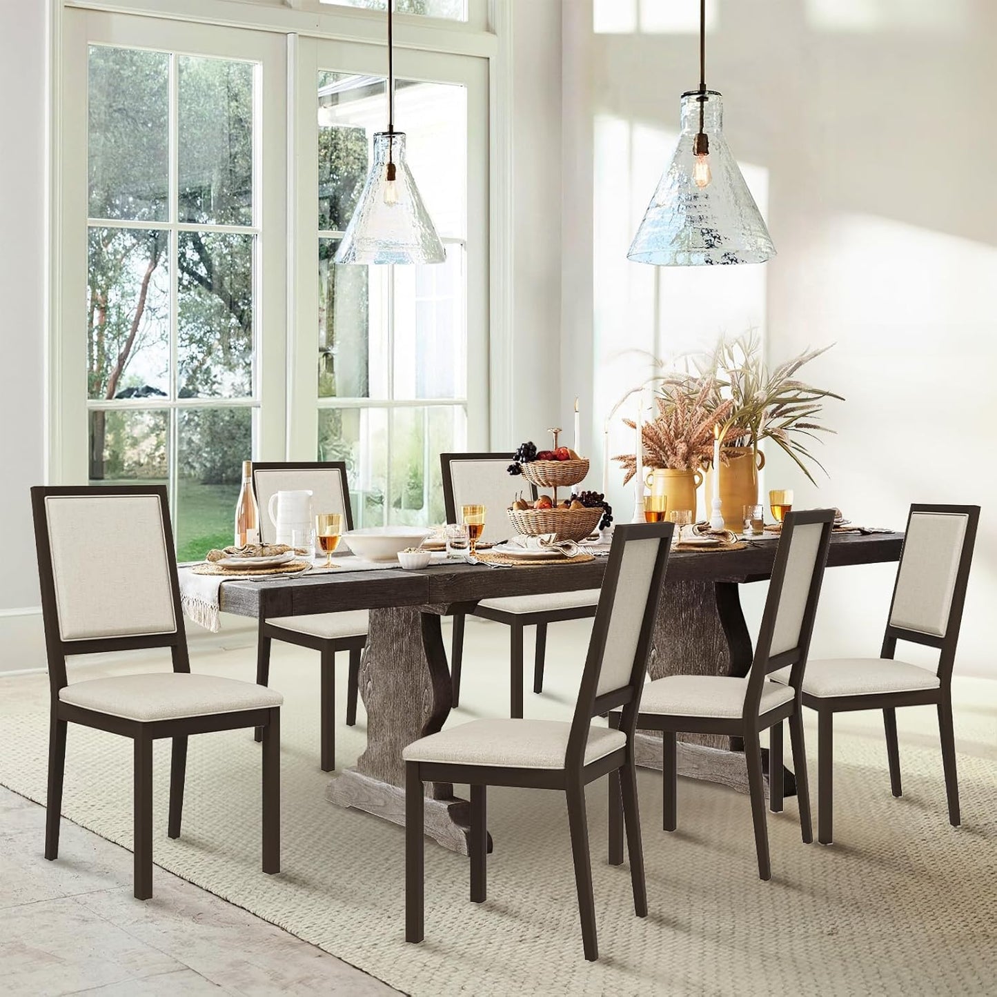 COLAMY Upholstered Kitchen Dining Chairs Set of 6, Wood Dining Chairs with Back, 19 Inch Fabric Farmhouse Dining Room Side Chairs with Wooden Legs for Kitchen Dining Living Room Courtyard, Brown