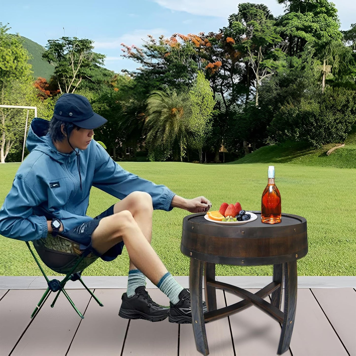 Medieval Retro Wine Barrel Design Coffee Table Wooden Round Creative End Table for Indoor Outdoor, 23" Brown Barrel Tables for Livingroom Small Spaces Outdoor Courtyard Farmhouse Balcony