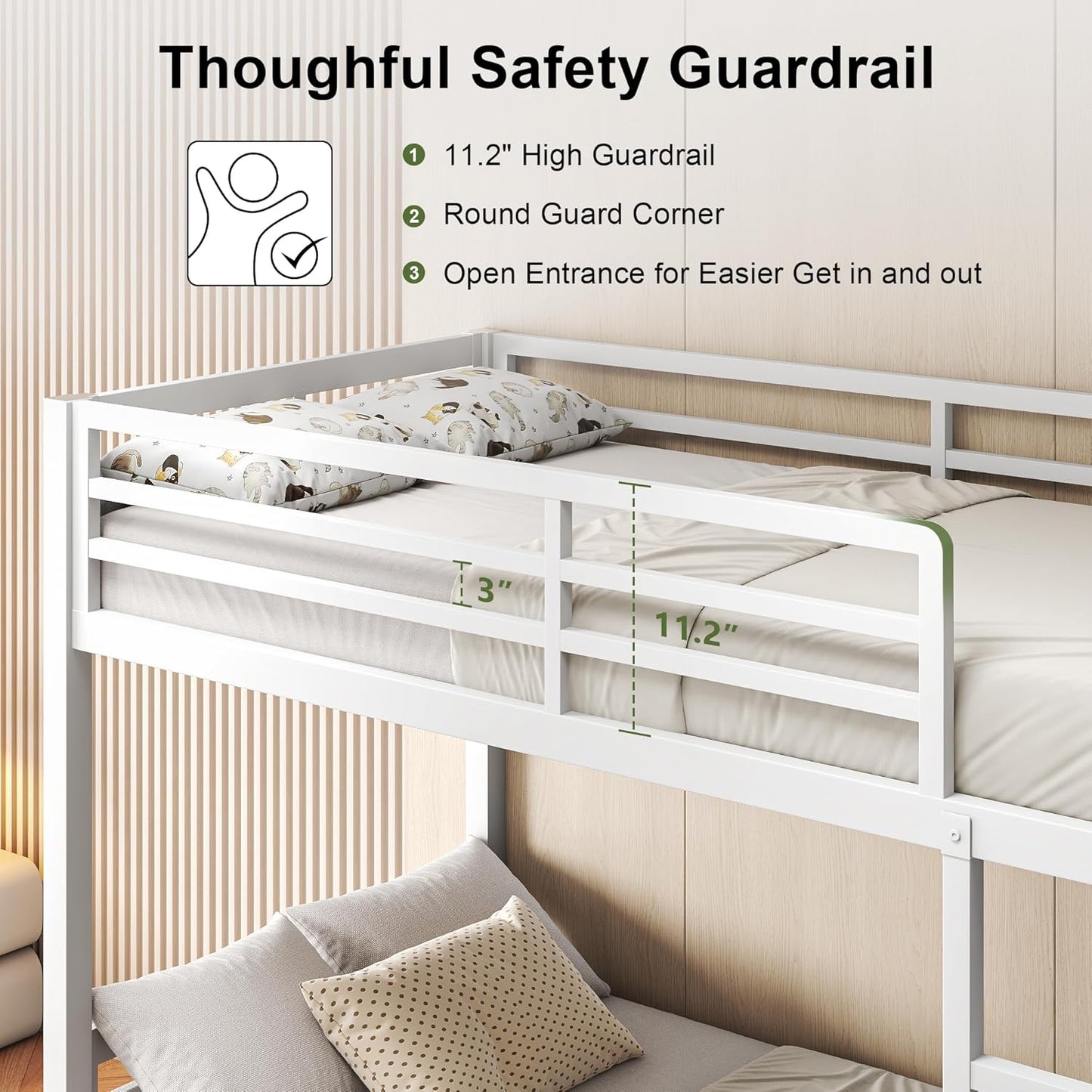 Feonase Metal Bunk Bed Twin Over Twin with Ladder and High Guardrail, Heavy-Duty Metal Slats Support, Noise Free, No Box Spring Needed, for Kids and Juniors, Black