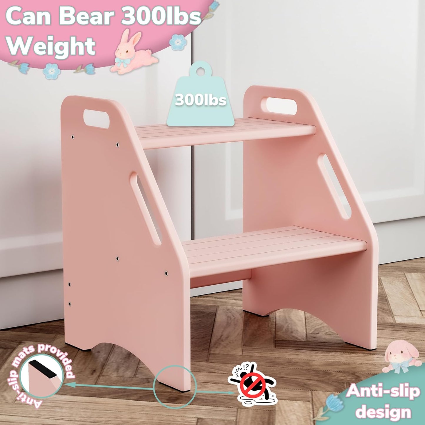 AMBIRD Wooden Kids Step Stool, 15.75'' H Potty Training Toddler 300 lbs Capacity with Safety Non-Slip Pads and Handles, Kitchen Step Stools for Kids, Bamboo Step Stool for Bathroom, High Beds (Pink)