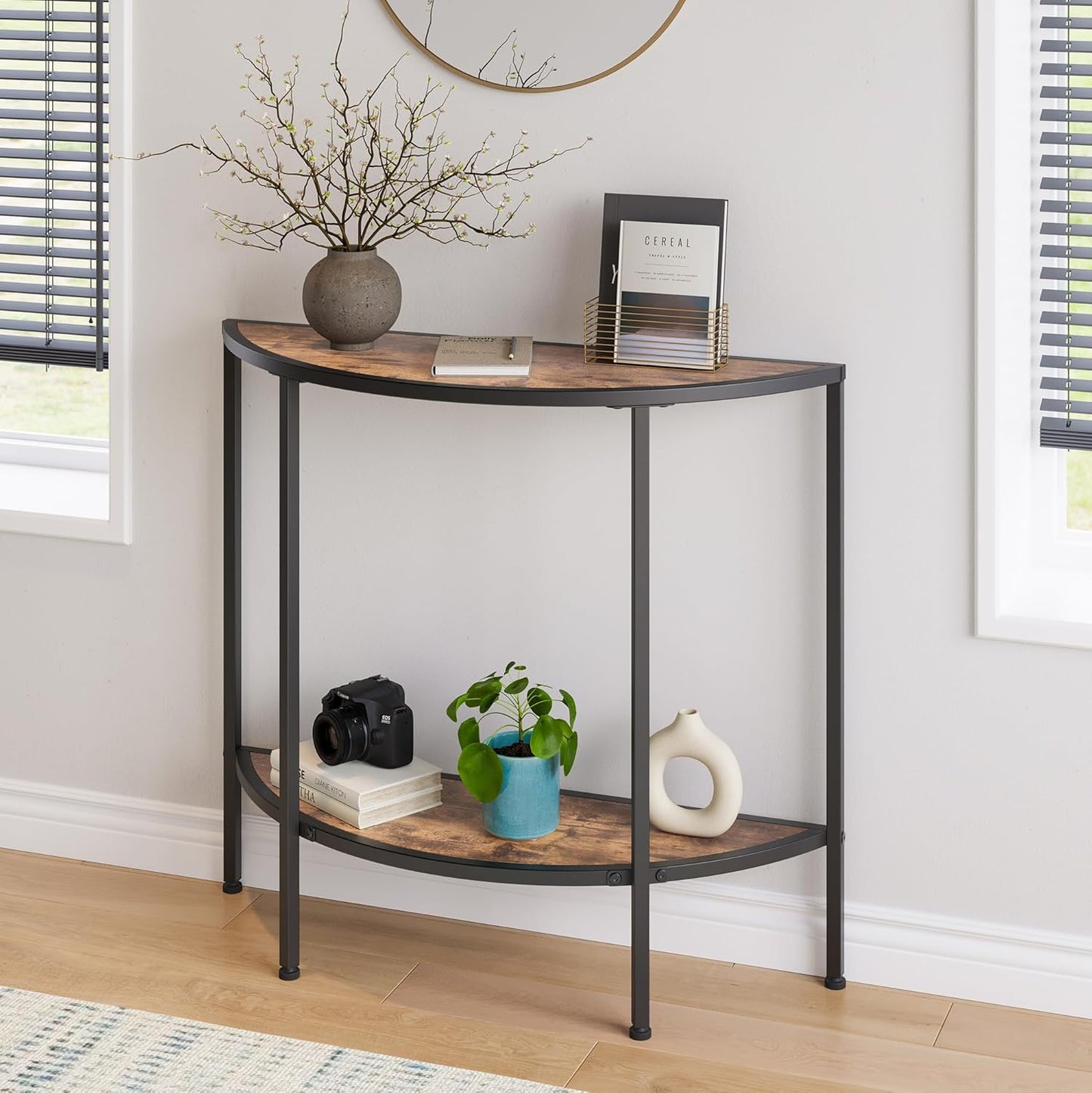Entryway Table with Storage,Narrow Console Table for Living Room Coffee Table 2-Tier Half Moon Sofa Table,Small Entry Table,Hallway Side Table with Metal Frame,Rustic Brown and Black