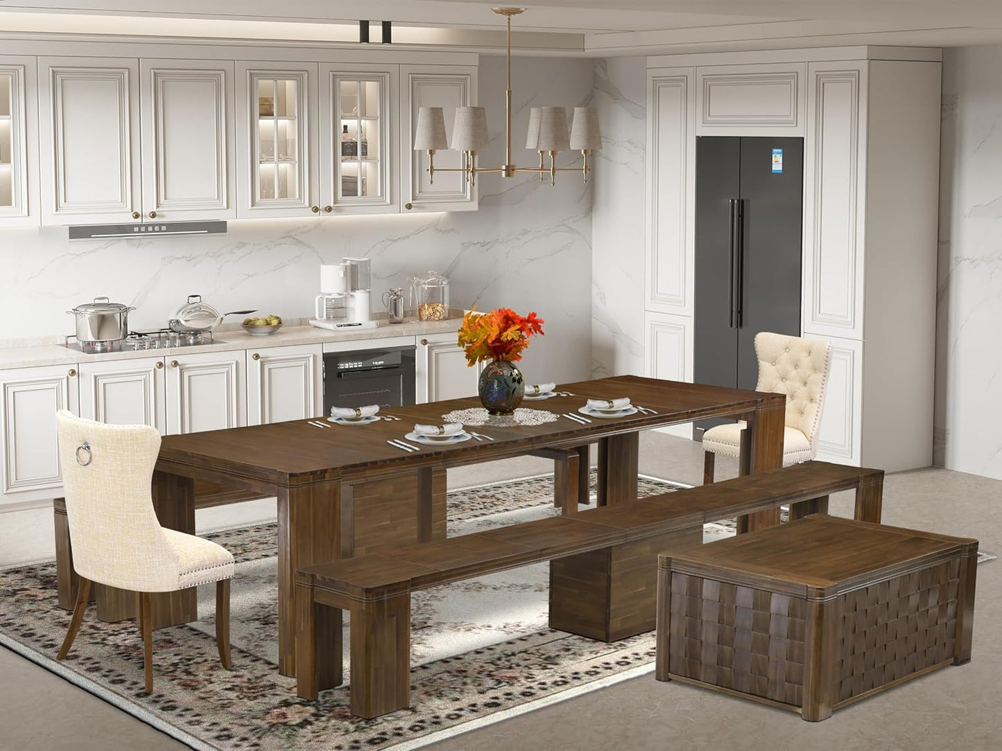 X02DA-2C8-32 6-Pc Dining Table Set includes an Extendable Rectangle Kitchen Table, 1 Coffee Table, 2 Polyester Dining Chairs and 2 Benches, 39x120 Inch, Antique Walnut