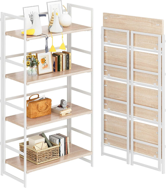 4NM No Assembly 4 Tiers Book Shelves, White Folding Bookshelf Bookcase Open Industrial Foldable Shelves for Bedroom, Living Room, Home Office - Natural White