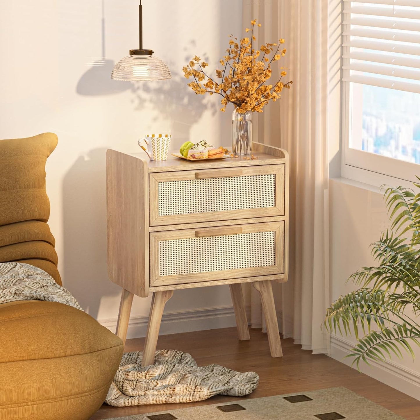Lerliuo Rattan Nightstand, Boho Night Stand with 2 Drawers, Cane Accent Side End Table, Bedside Table with Solid Wood Legs for Bedroom, Dorm and Small Spaces (Natural)