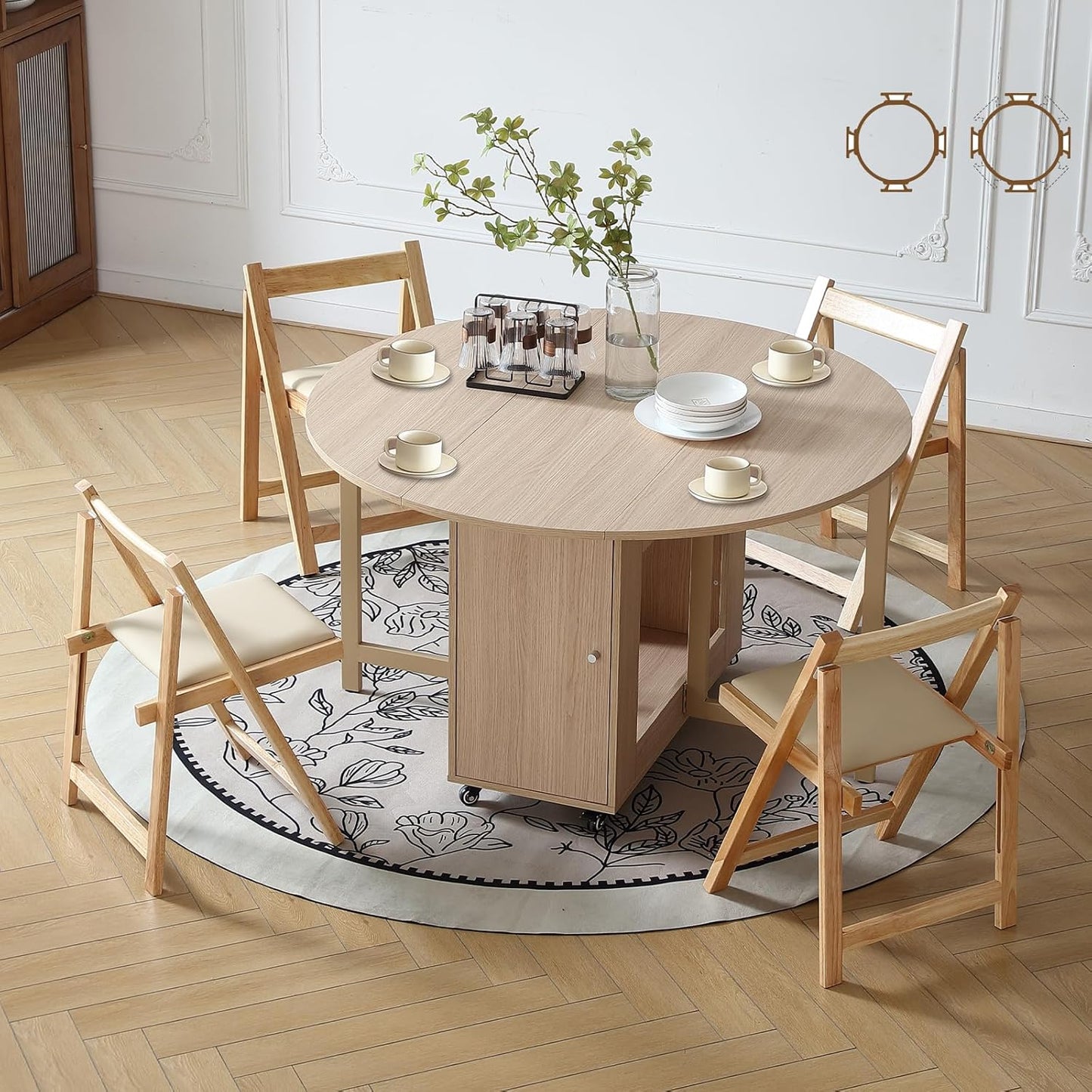 47.3" Round Folding Dining Table for 4-8, Wood Kitchen Foldable Dining Table Large Drop Leaf Dinner Table with Storage Shelf Metal Legs for Home Dining Room Living Room in Wood Color