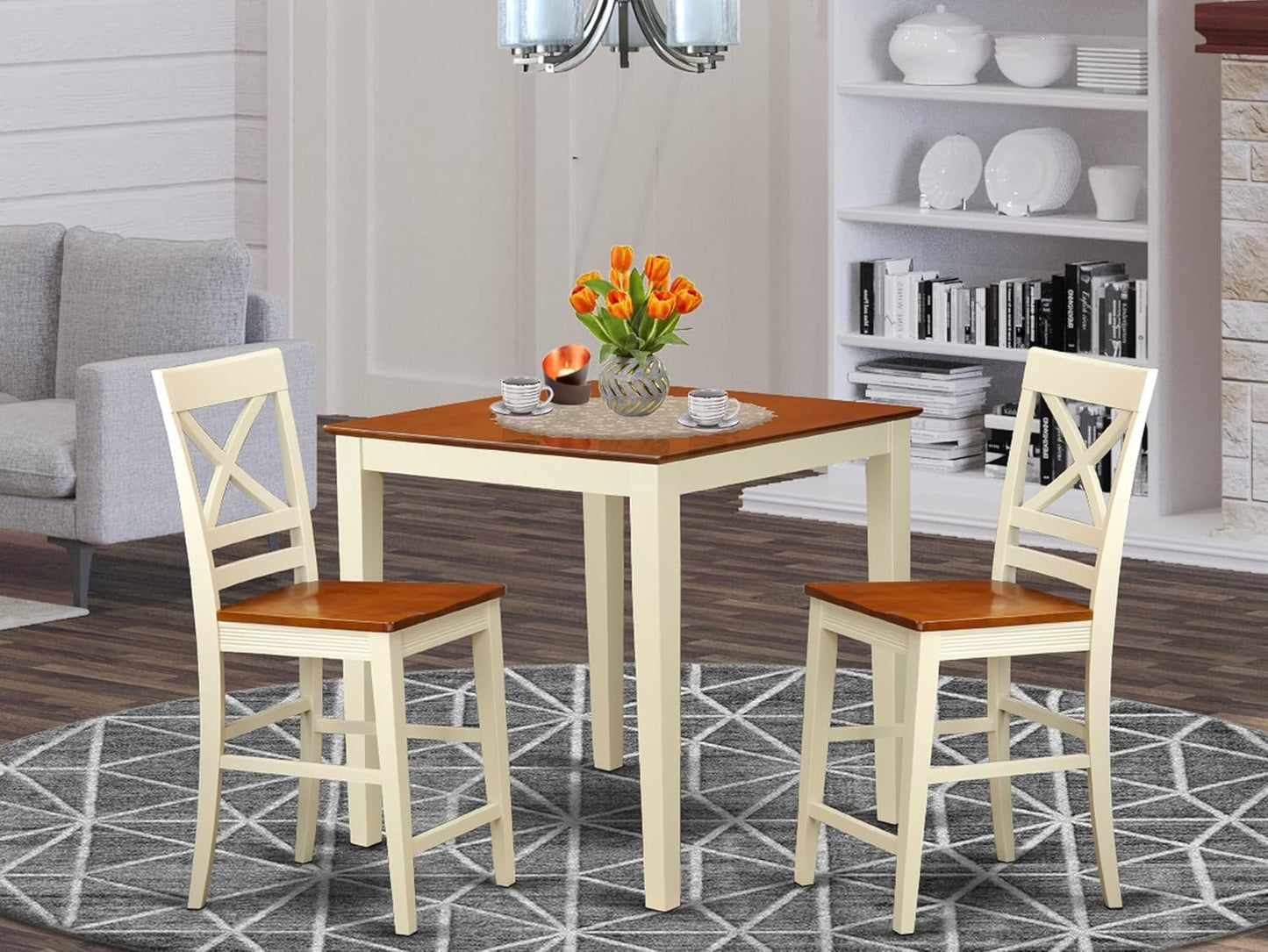 East West Furniture VNQU3-WHI-W 3 Piece Kitchen Counter Height Dining Table Set Contains a Square Pub Table and 2 Dining Room Chairs, 36x36 Inch, Buttermilk & Cherry