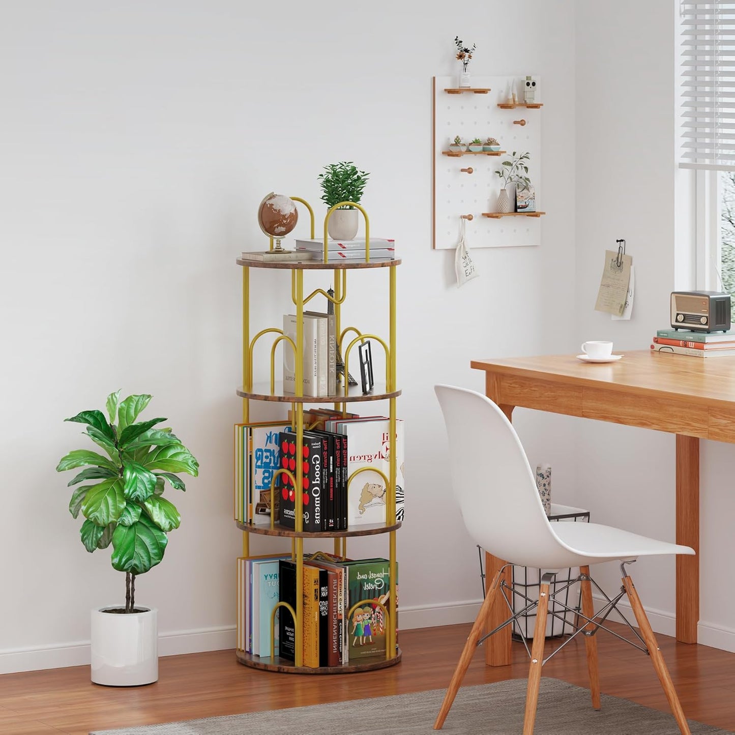 3 Tier Rotating Bookshelf, 360° Spinning Bookshelf Tower, Round Narrow Space Saving for Books and Display, Revolving Bookcase Corner Tall Book Shelf for Small Spaces, Bedroom, Living Room, Gold+Brown