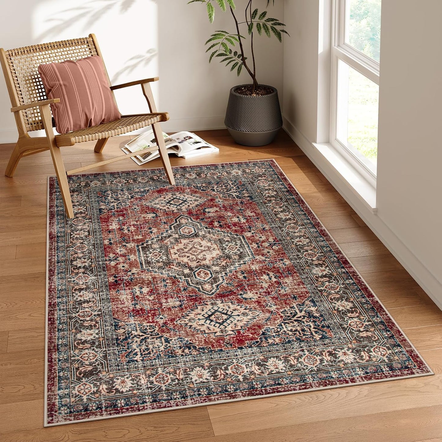 Lahome Oriental Washable Rugs for Bedroom, 4X6 Soft Living Room Rug Ultra-Thin Non-Slip Stain Resistant Vintage Low-Pile Throw Carpet for ‎Office Entryway, Brick Red