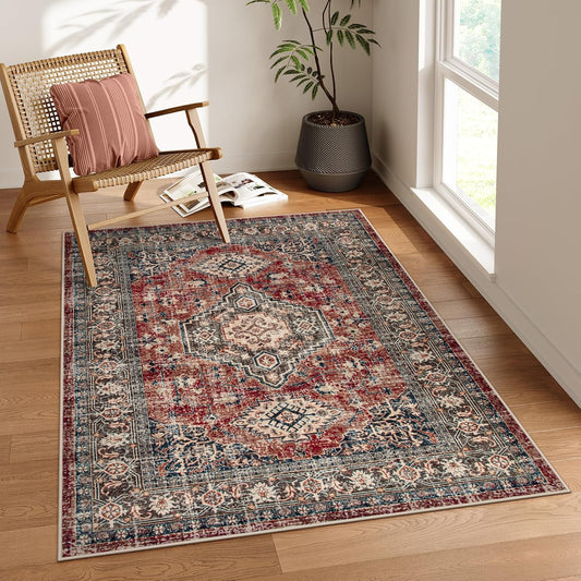 Lahome Oriental Washable Rugs for Bedroom, 4X6 Soft Living Room Rug Ultra-Thin Non-Slip Stain Resistant Vintage Low-Pile Throw Carpet for ‎Office Entryway, Brick Red