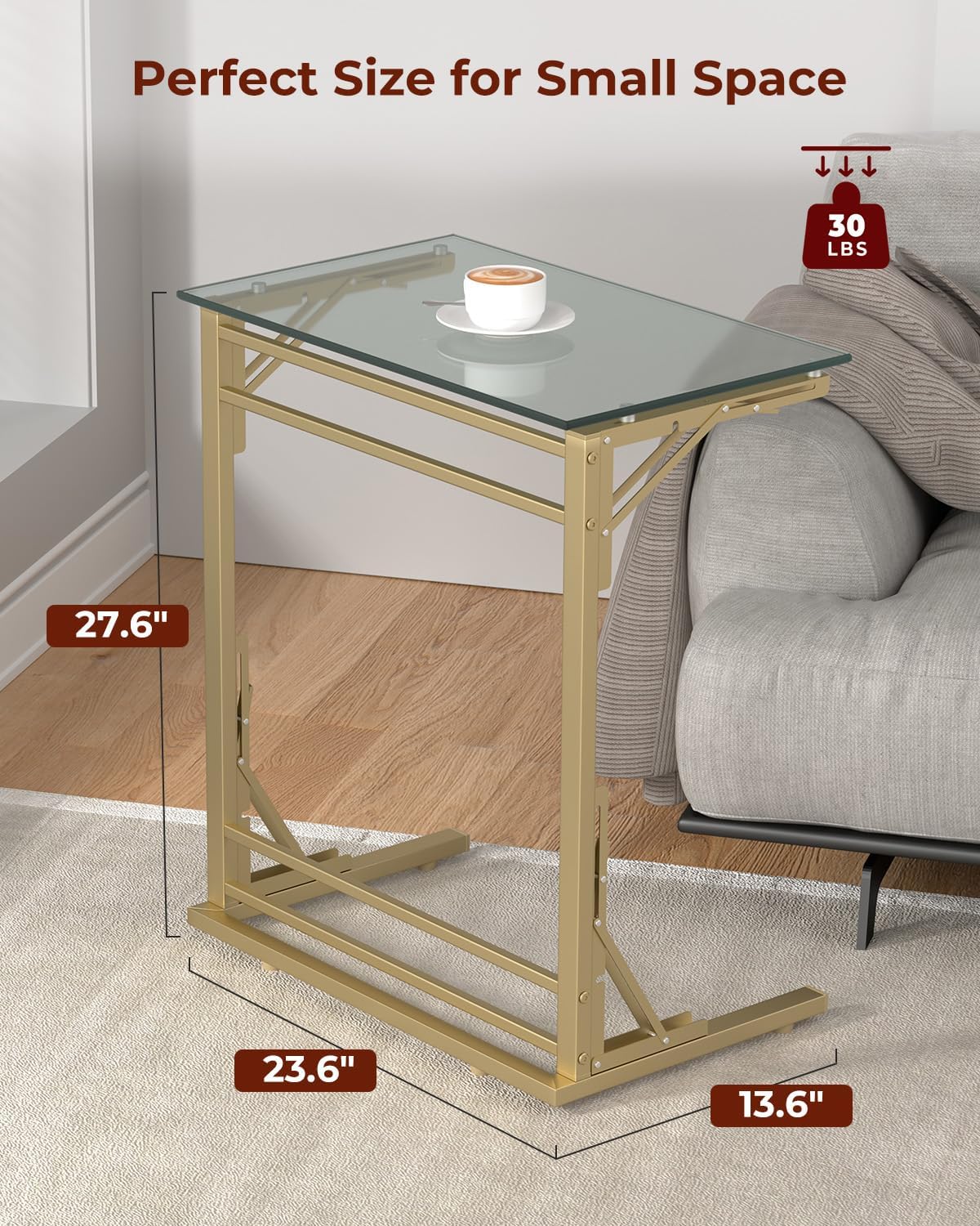 Tatub 24" Folding TV Tray Table Set of 2, Glass C Shaped End Table for Couch, Small Sofa-Side Laptop Desk with Gold Metal Frame for Living Room, Bedroom, Bedside