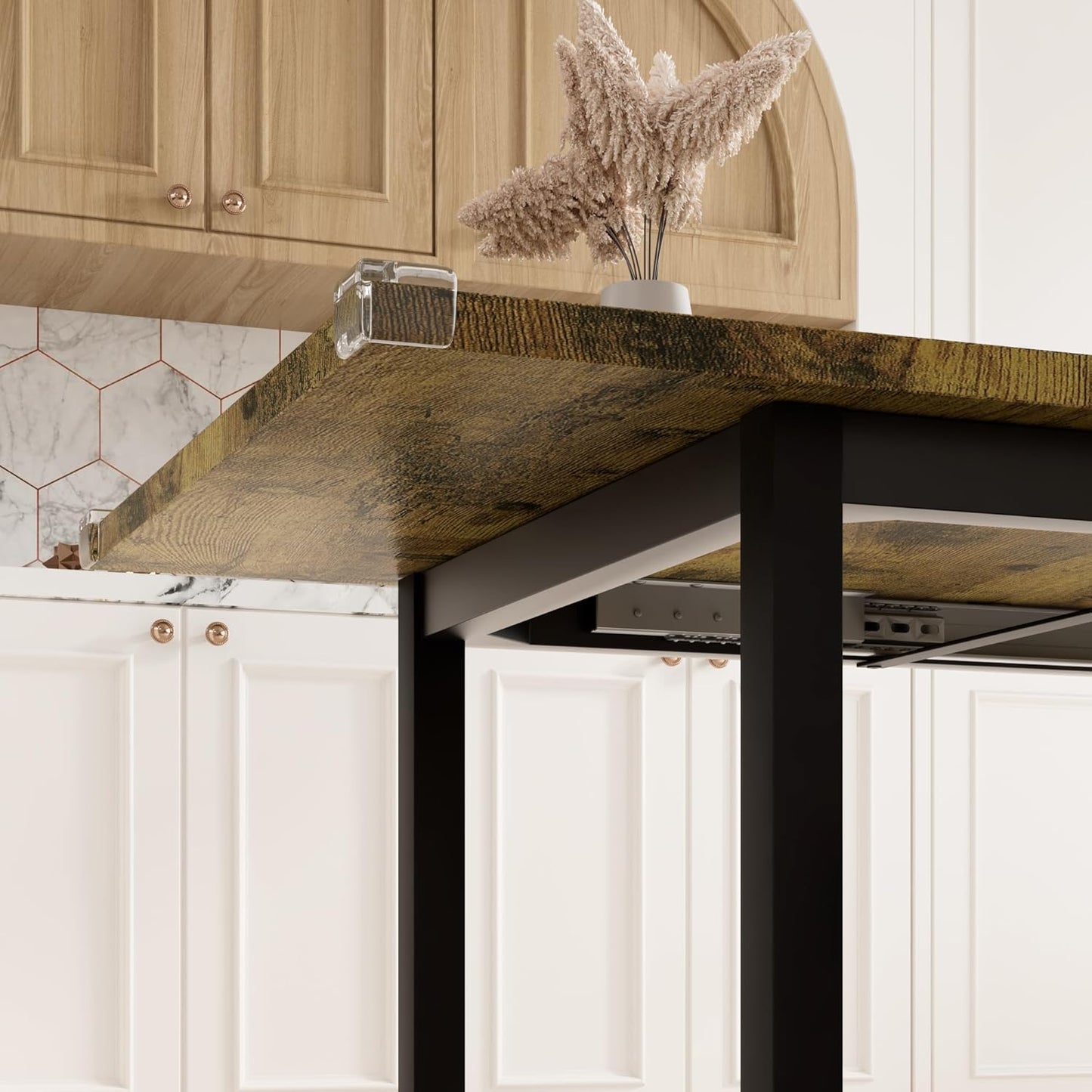 Feonase 7-Piece Dining Table Set with 6 Stools, 63 Inch Extendable Kitchen Table for 4-8, Kitchen Room Set with MDF Board & Metal Frame, Farmhouse Table, Space-Saving, Rustic Brown